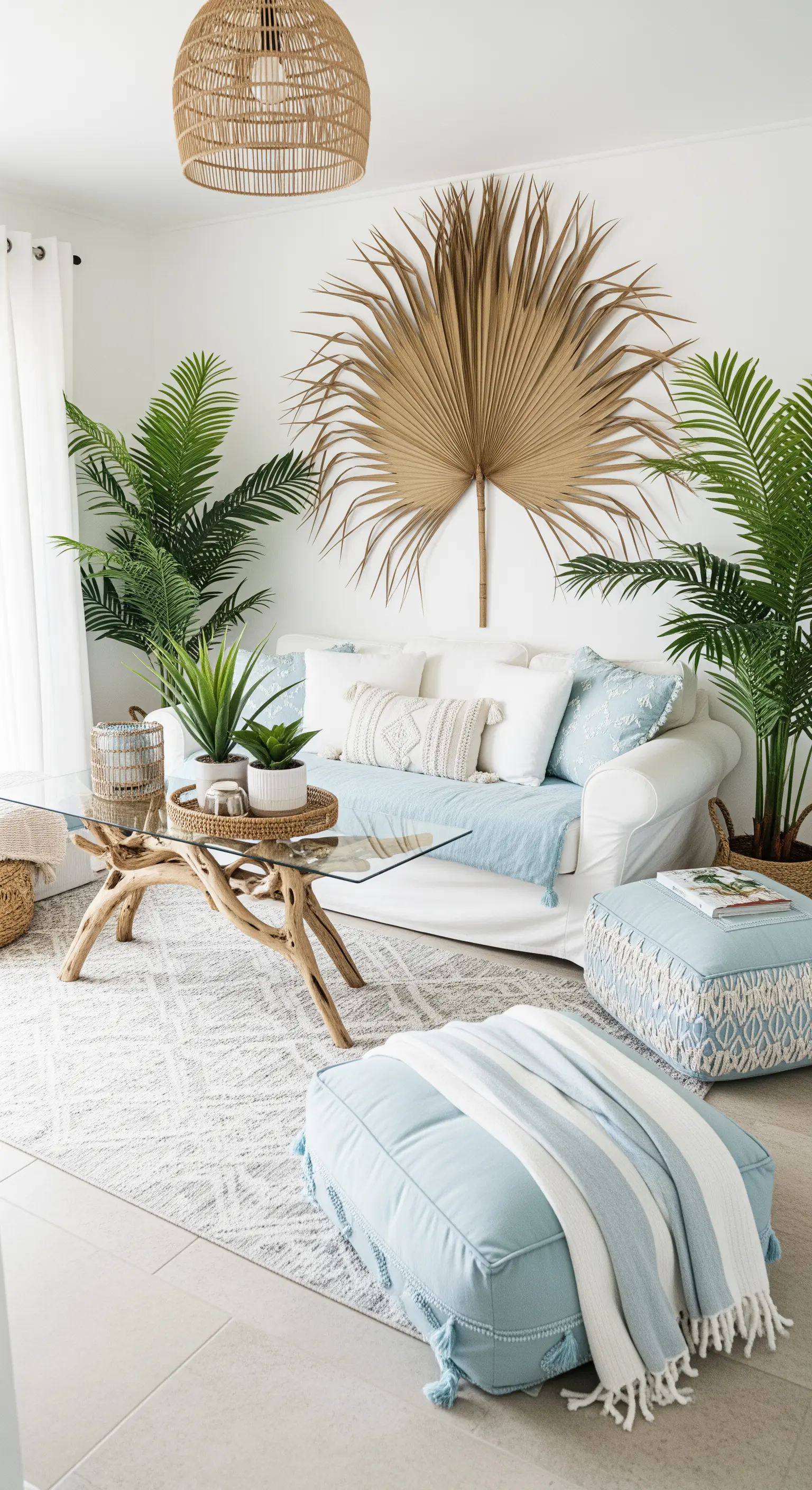 Ein helles Wohnzimmer im Coastal-Stil mit Palmen und einem großen, getrockneten Palmblatt an der Wand.