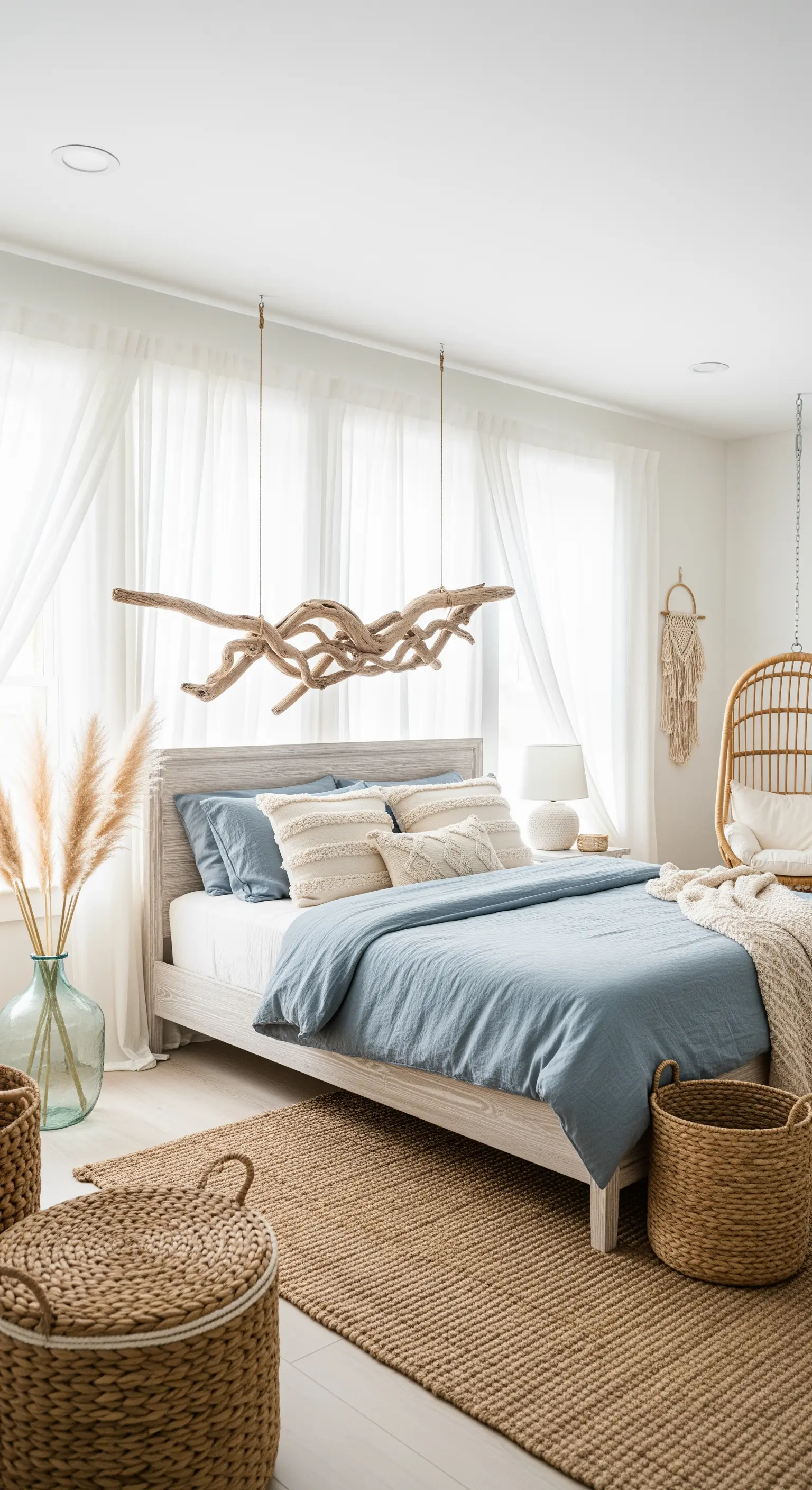 Helles, luftiges Boho-Schlafzimmer mit Treibholz-Deko über dem Bett und hellblauer Bettwäsche.
