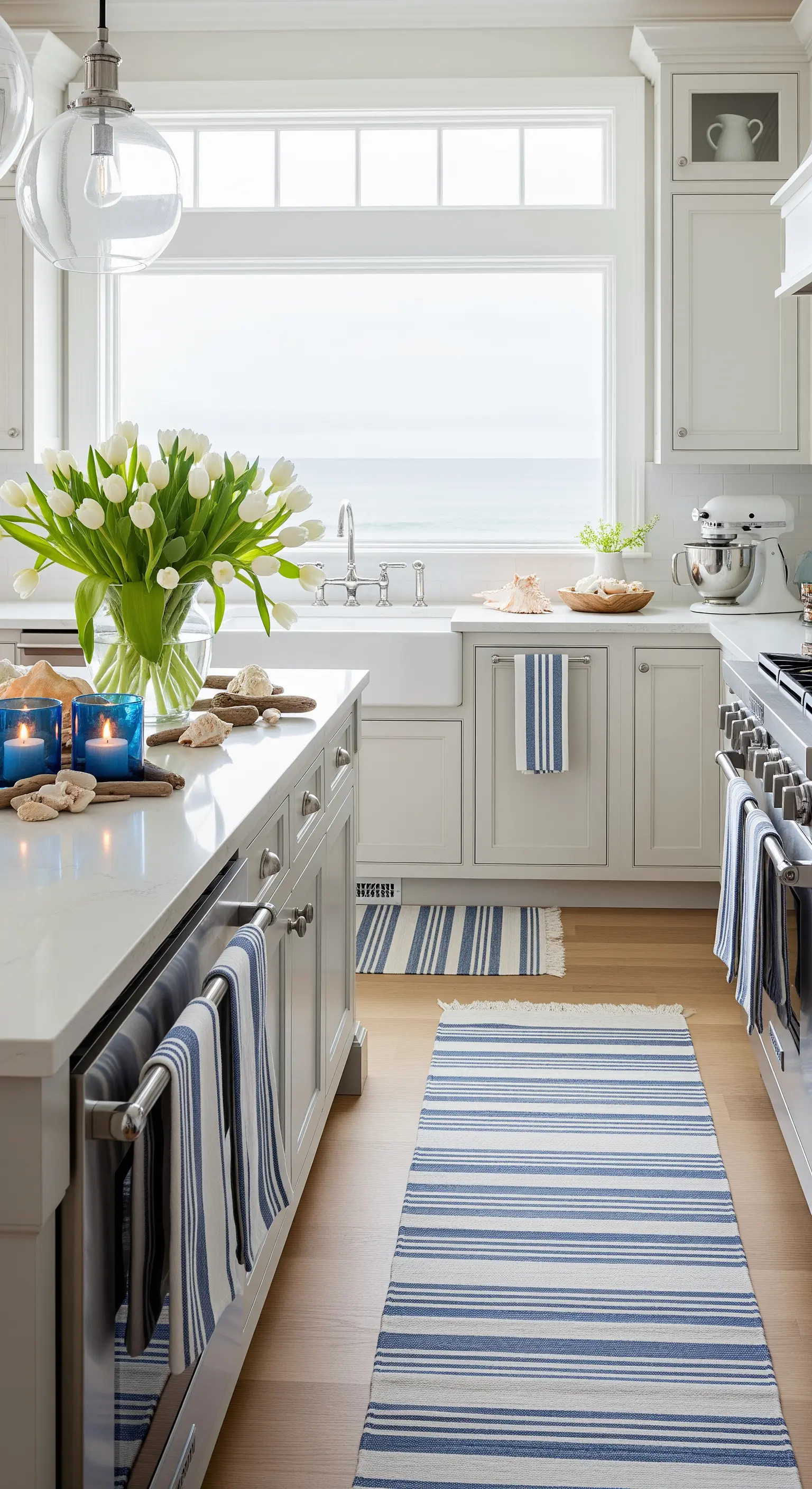 Weiße Küche mit blauen Teppichen, weißen Tulpen und blauen Kerzen mit Muscheln