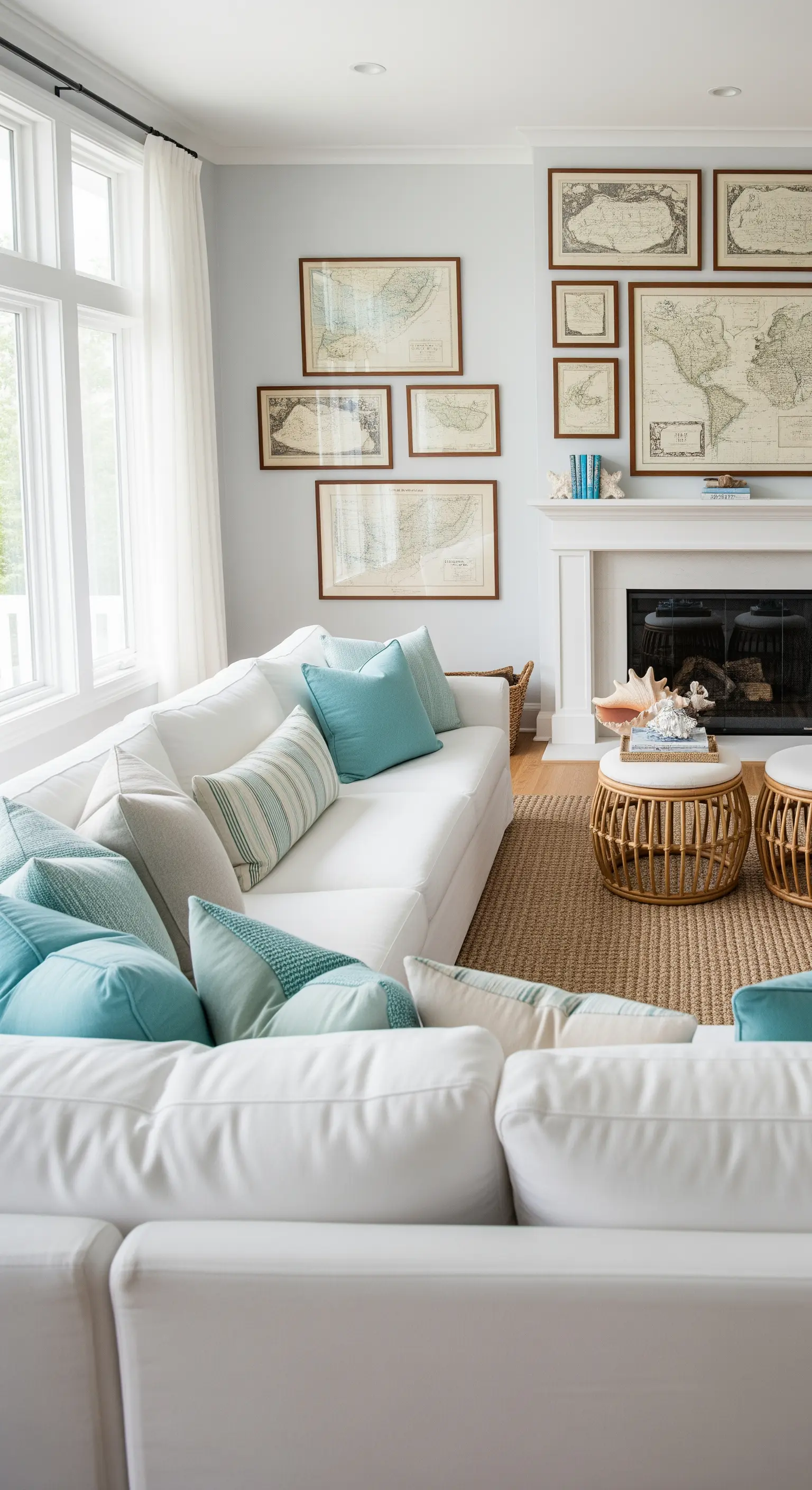 Weißes Sofa mit aquatischen Kissen, Seekarten-Wand, Kamindeko.