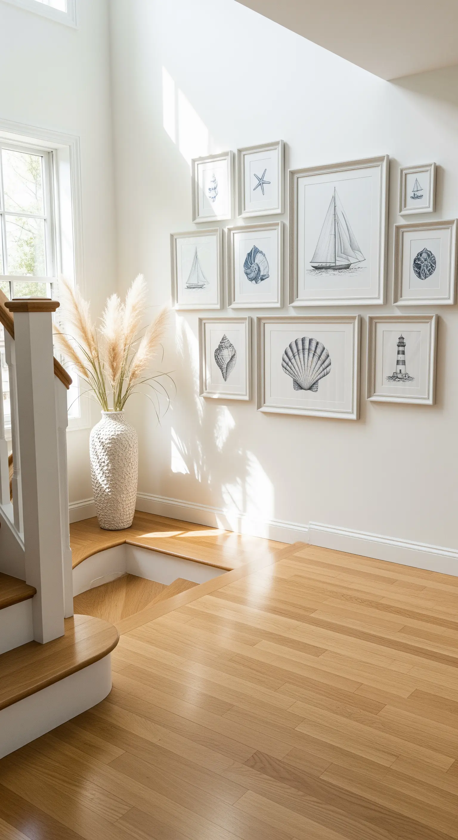 Galeriewand mit maritimen Bildern, große Vase mit Pampasgras am Treppenabsatz