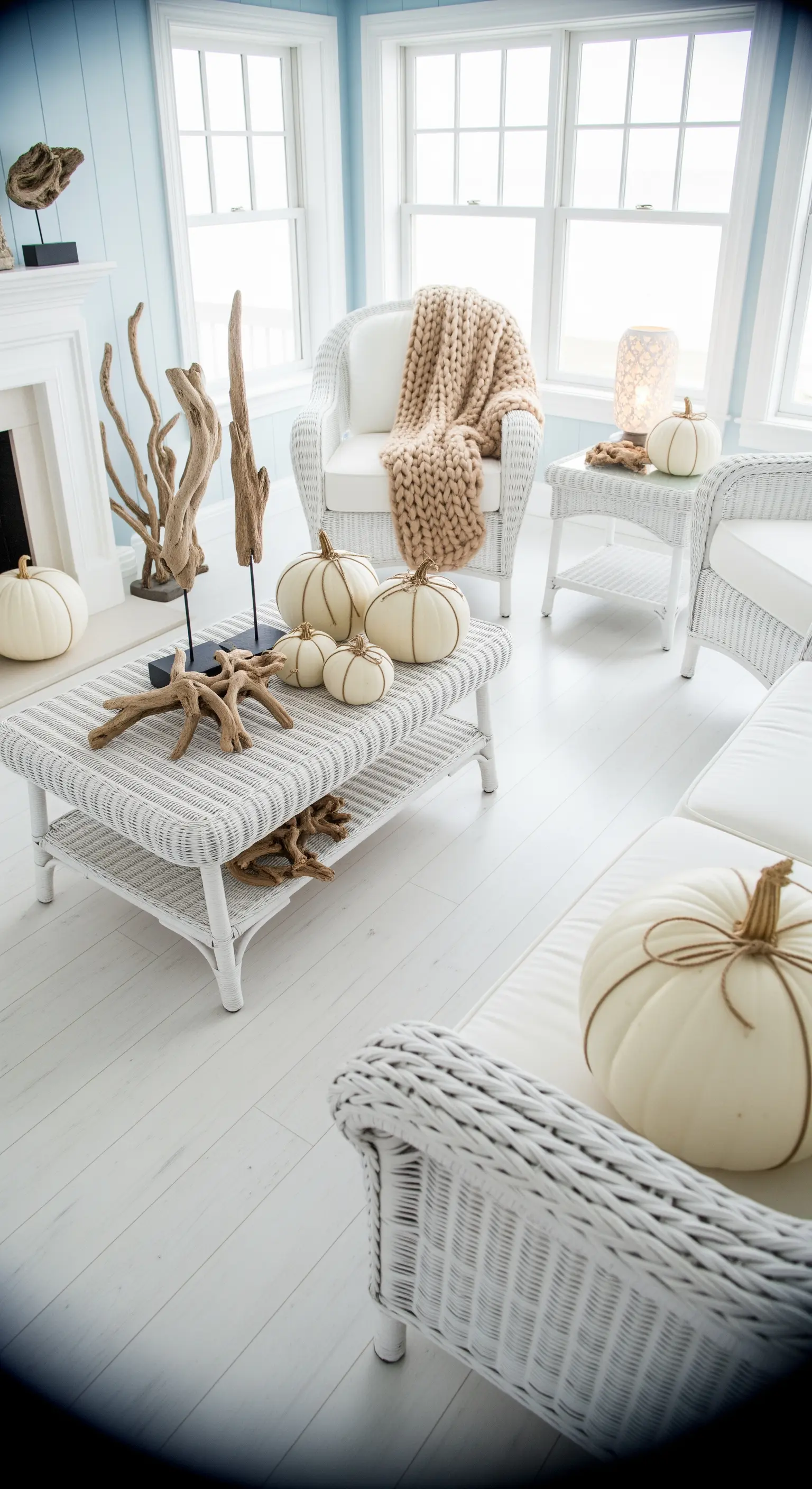 Weißes Strandhaus-Wohnzimmer mit Wicker-Möbeln und weißen Kürbissen.