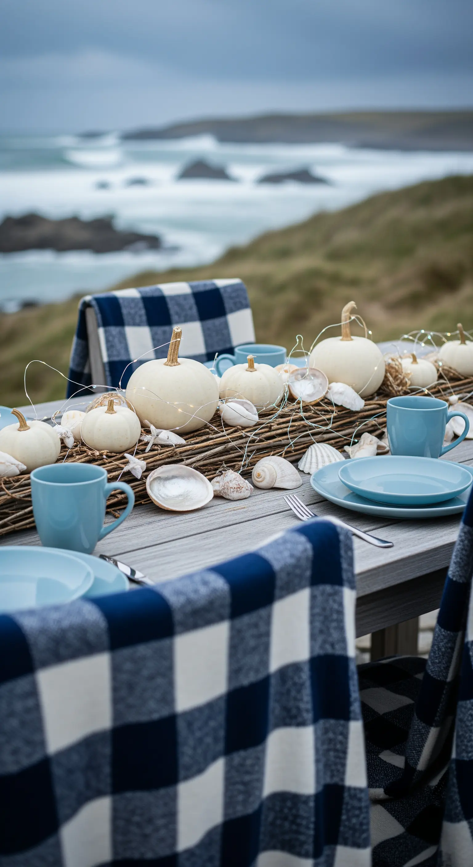 Küsten-Herbsttafel, weiße Kürbisse, Muscheln, blaue Keramik, karierte Plaids, Lichterketten.