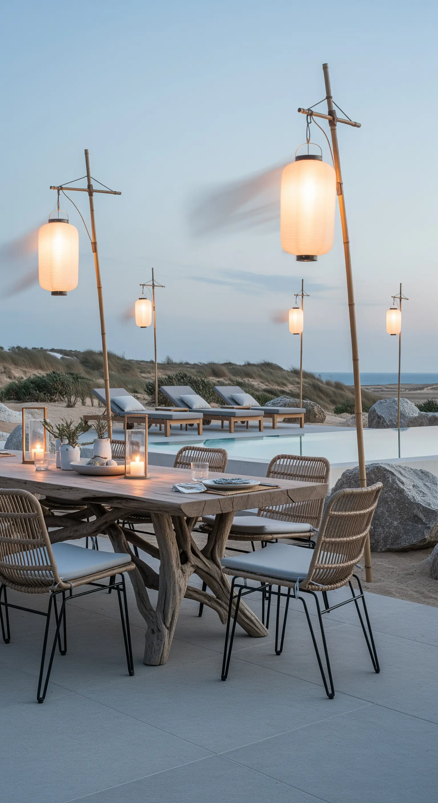 Küstendinner mit Treibholztisch, Rattan-Stühlen und hohen Papierlaternen