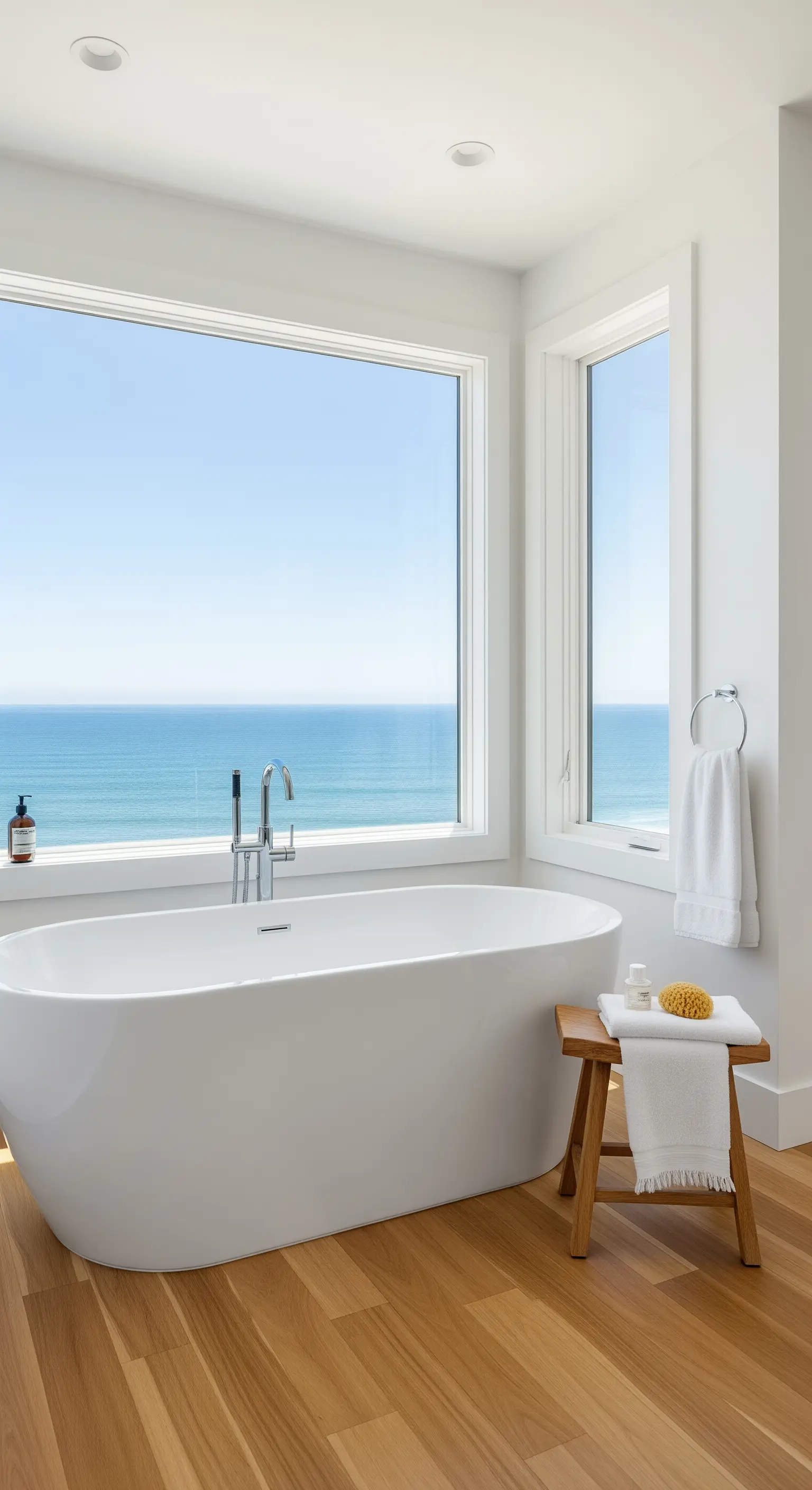 Weiße, minimalistische Badewanne vor einem großen Fenster mit direktem Blick auf das Meer.