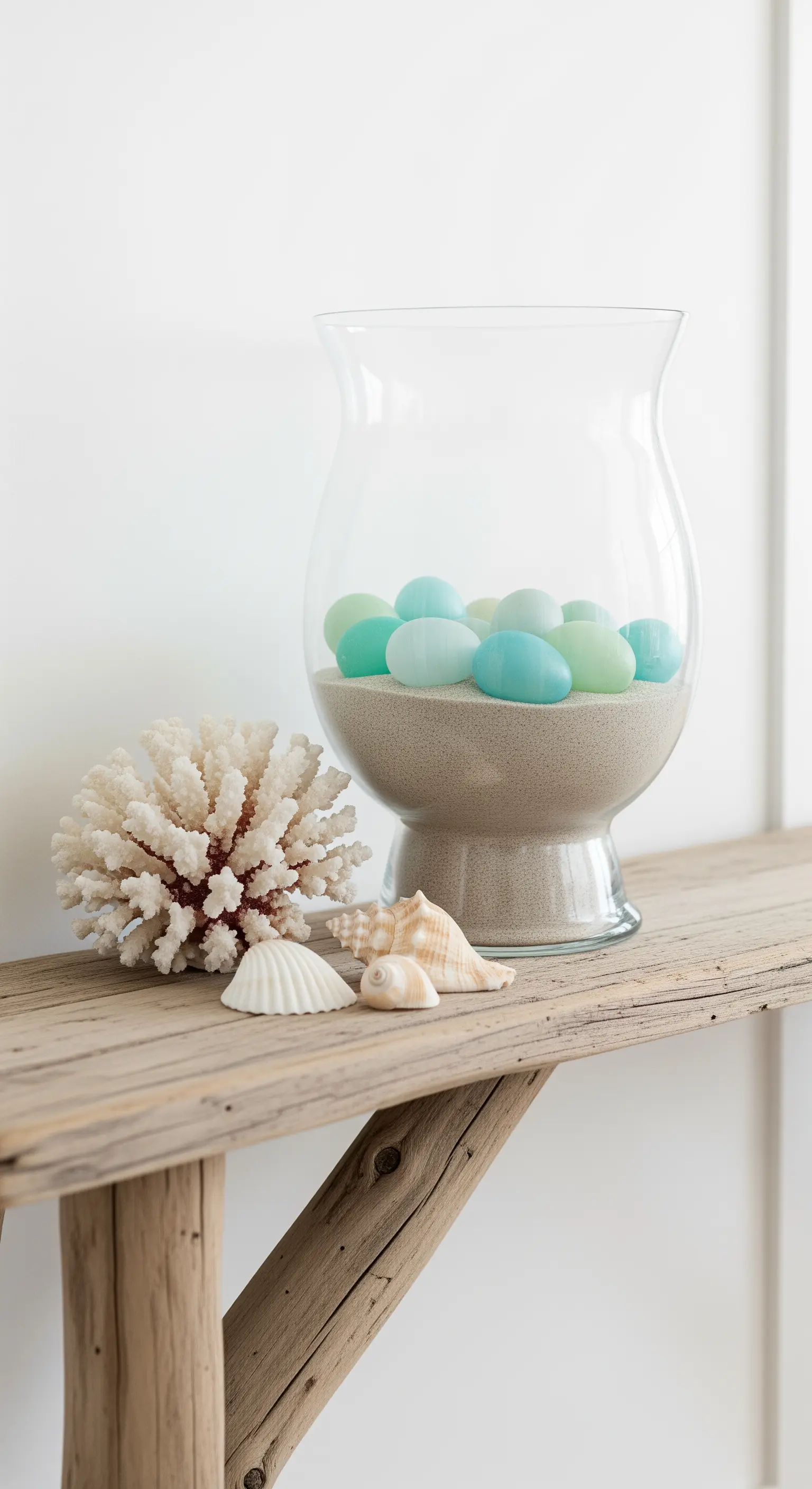 Maritime Osterdeko mit Sand, Muscheln und türkisfarbenen Eiern in einer Glasvase.