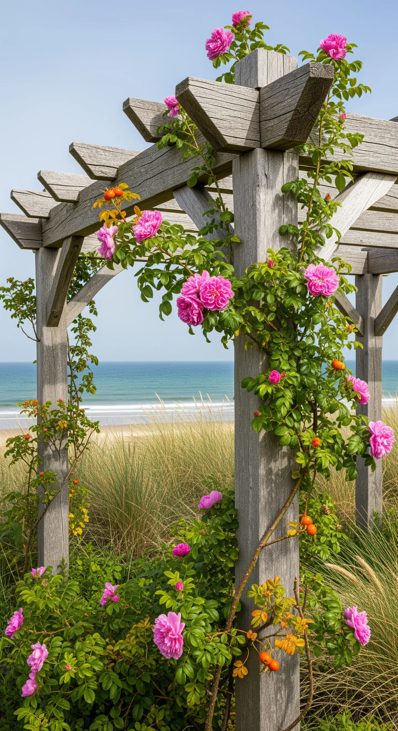 Rustikale Holzpergola mit pinken Kletterrosen vor einer Küstenlandschaft mit Strand und Meer