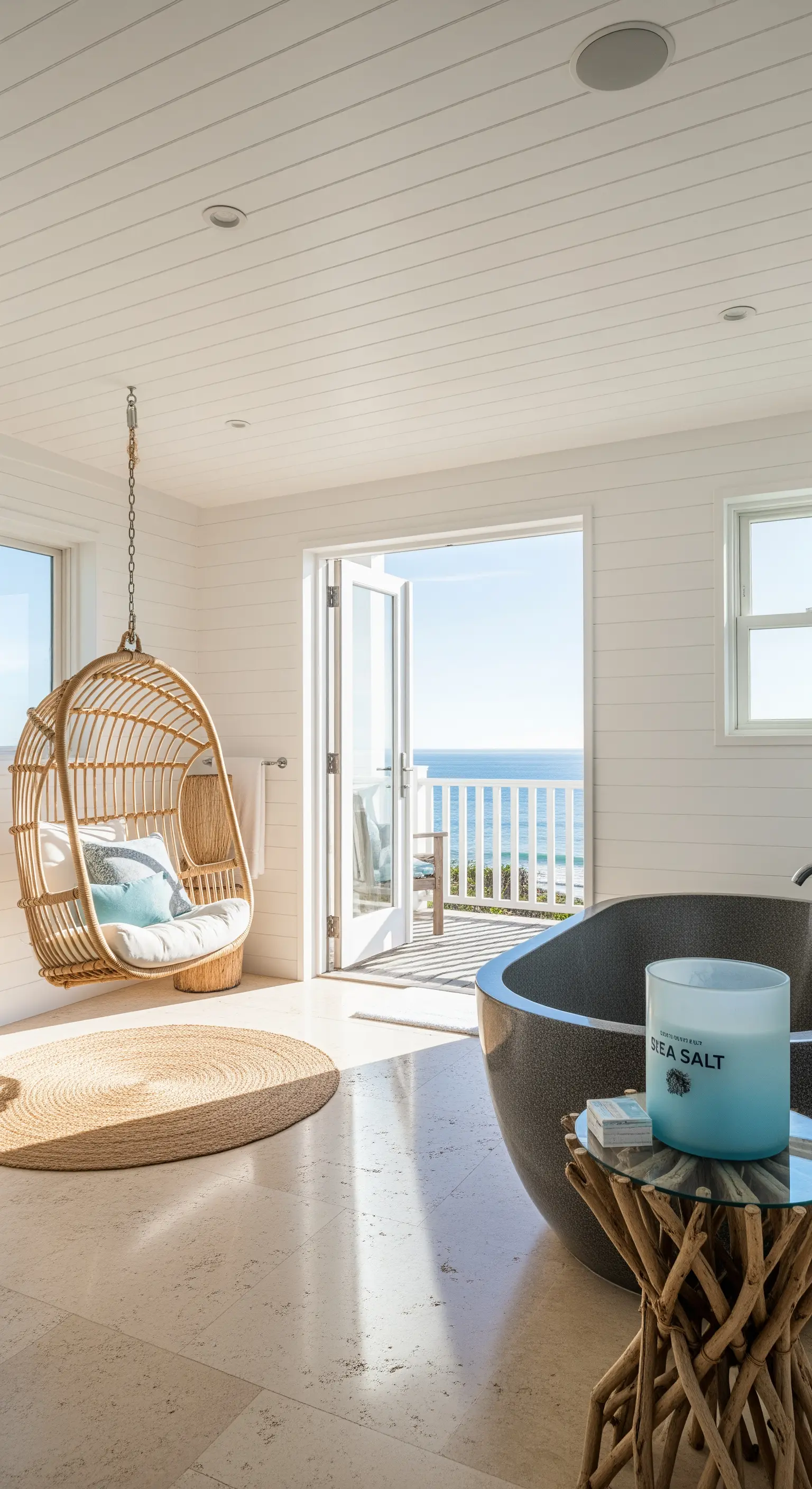 Helles Badezimmer im Coastal-Stil mit Rattan-Hängesessel und Blick aufs Meer.