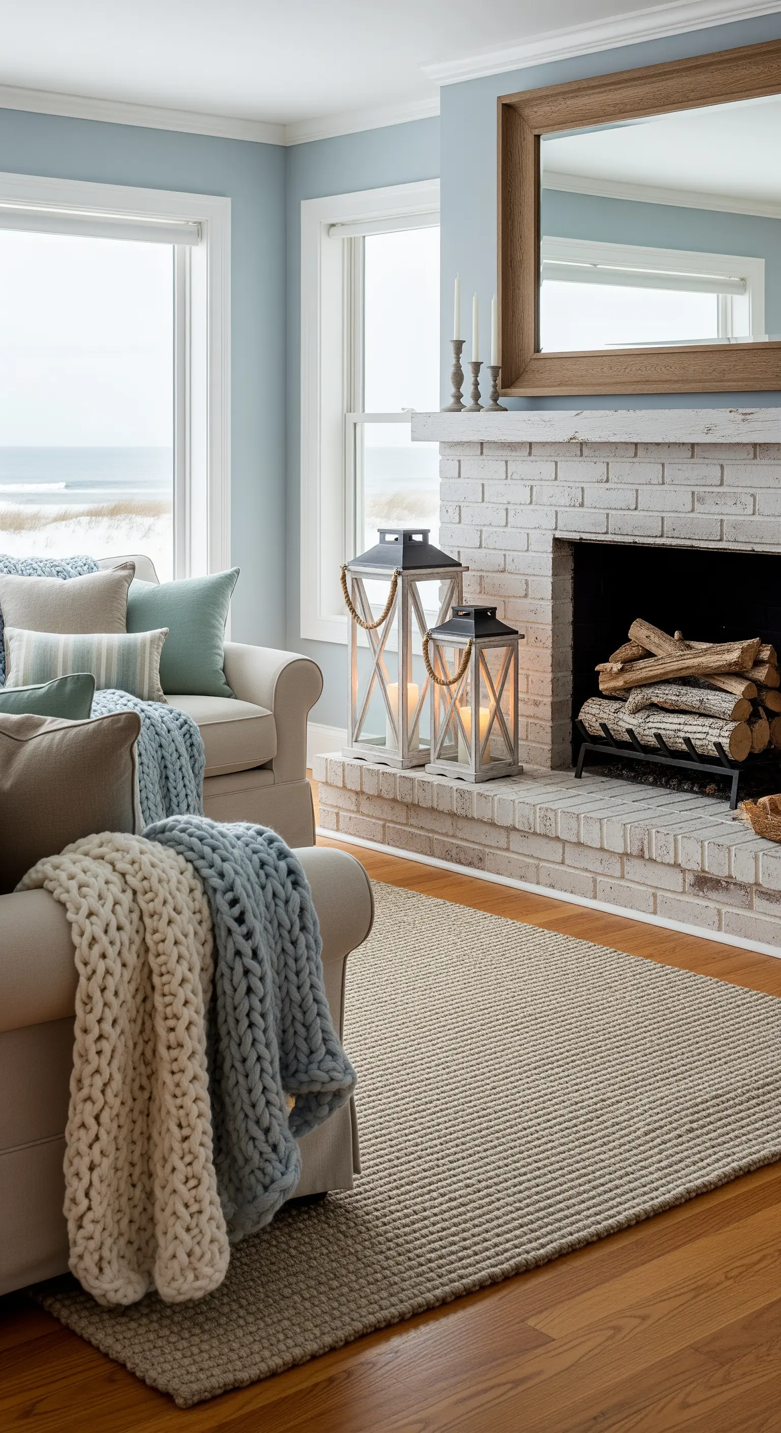 Küsten-Wohnzimmer mit hellblauen Wänden, weißem Kamin, Laternen und Strickdecken.