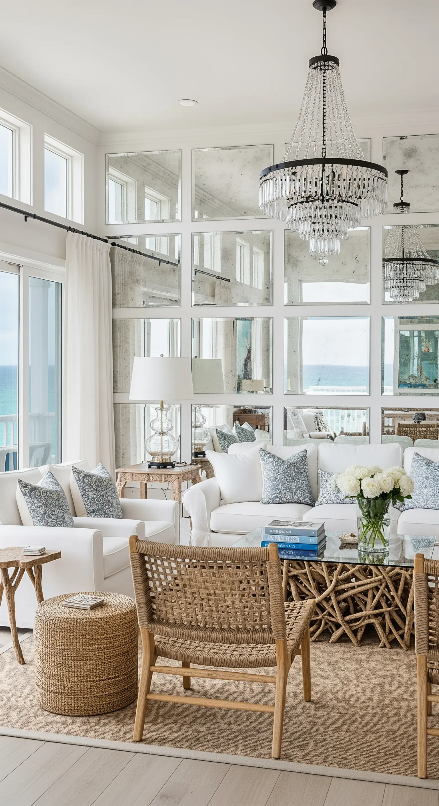 Helles Küsten-Wohnzimmer mit einer Spiegelwand im Fenster-Stil, die das Meer reflektiert.