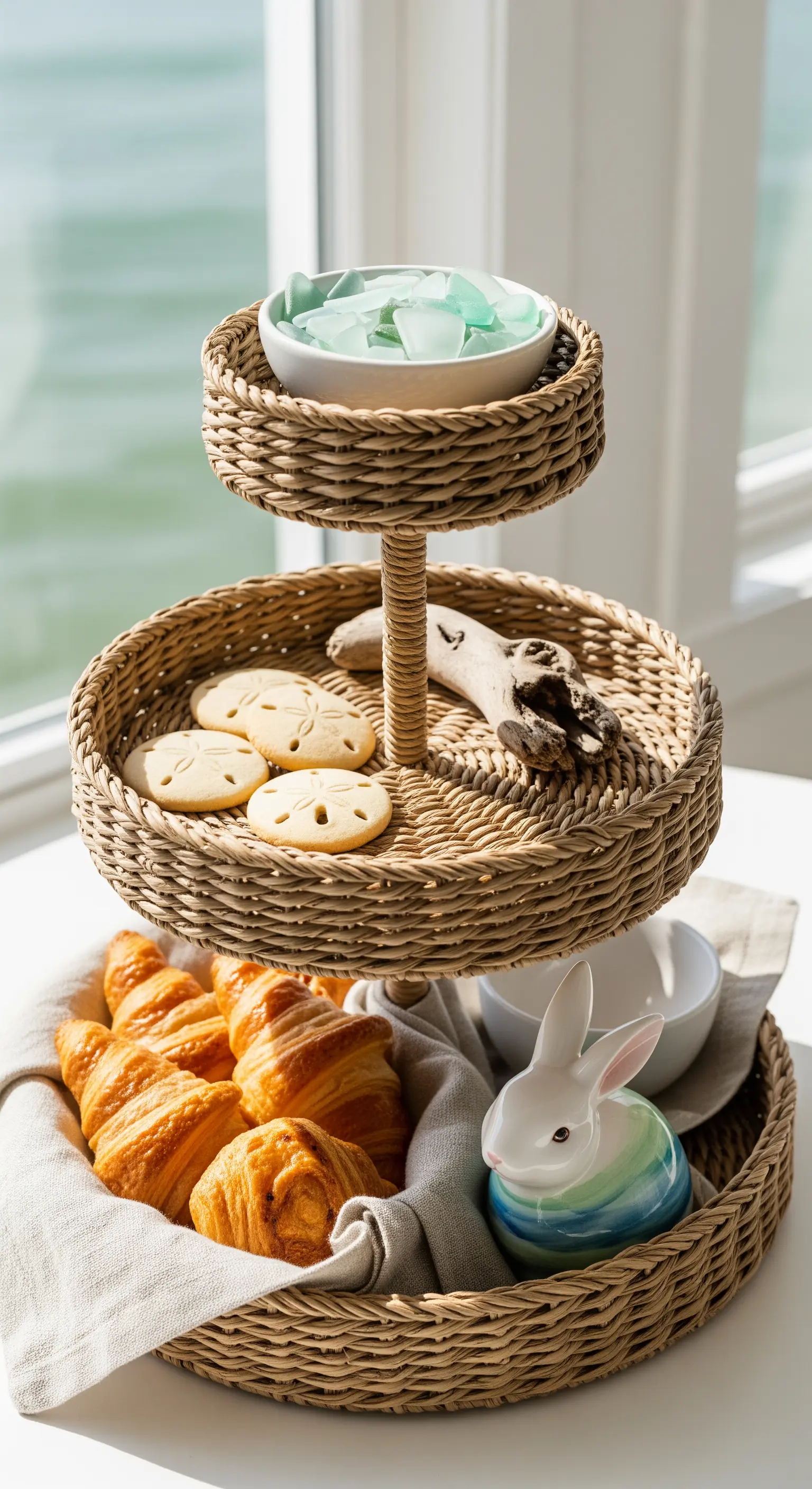 Etagere aus Seegras mit Croissants und maritimer Deko