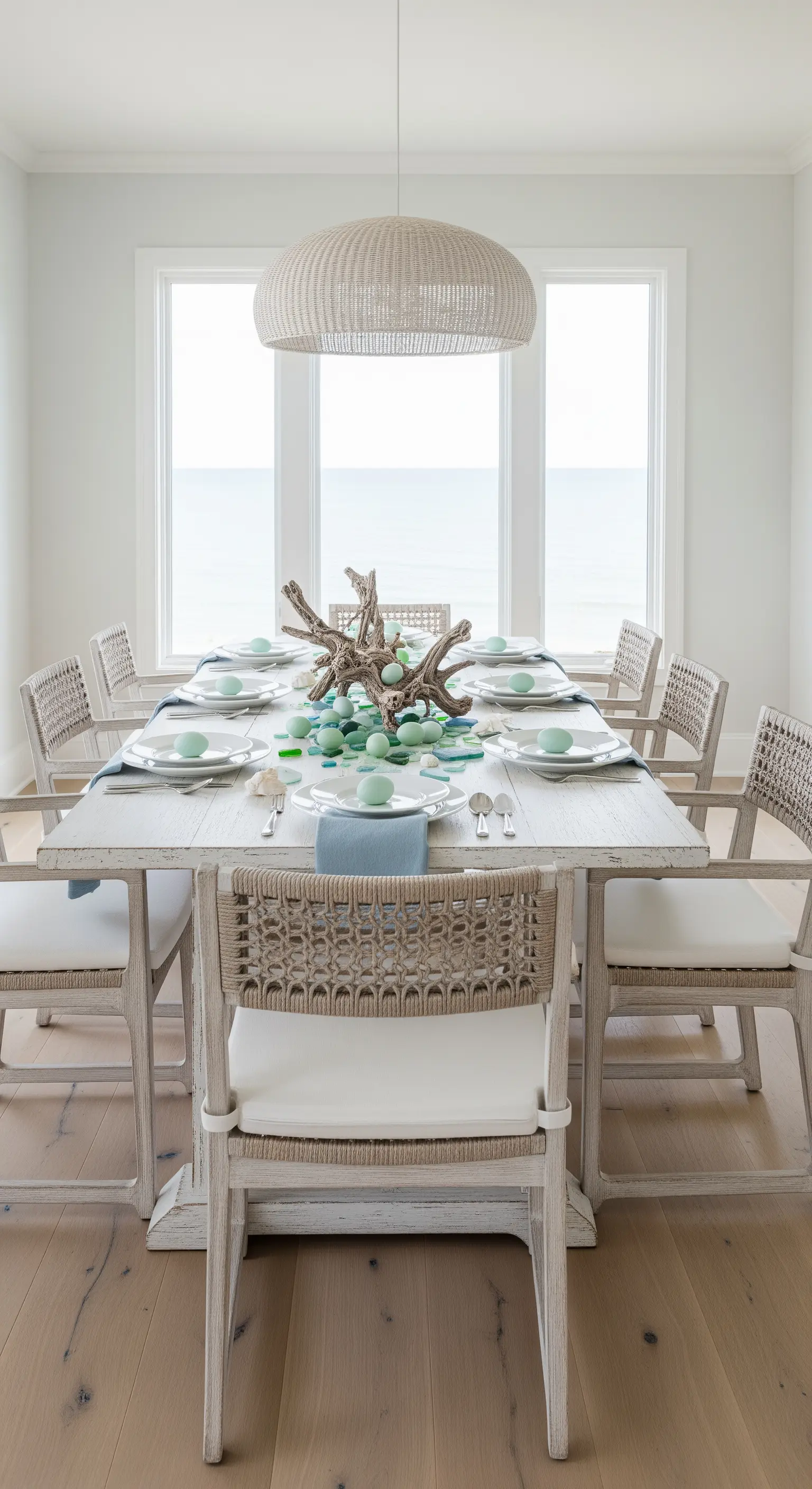 Ostertisch im Coastal-Stil mit Treibholz als Centerpiece und meergrünen Eiern