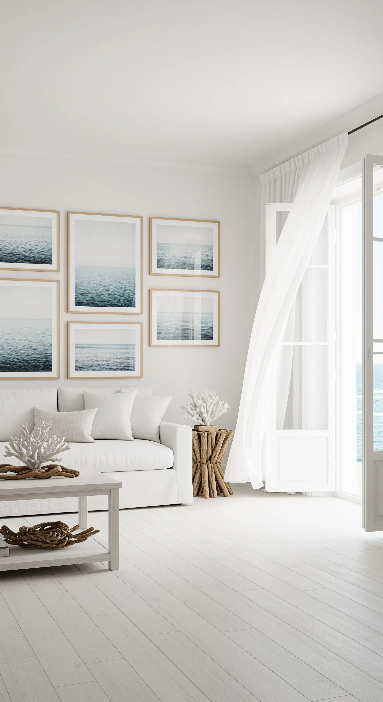 Helles Wohnzimmer mit einer Bilderwand aus sechs Meereslandschaften in hellen Holzrahmen.