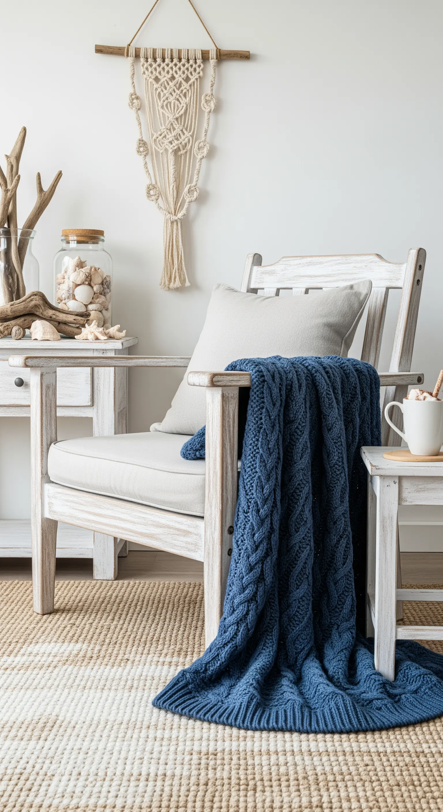 Leseecke im Küstenstil mit weißem Holzstuhl, blauer Strickdecke und Treibholz-Deko.