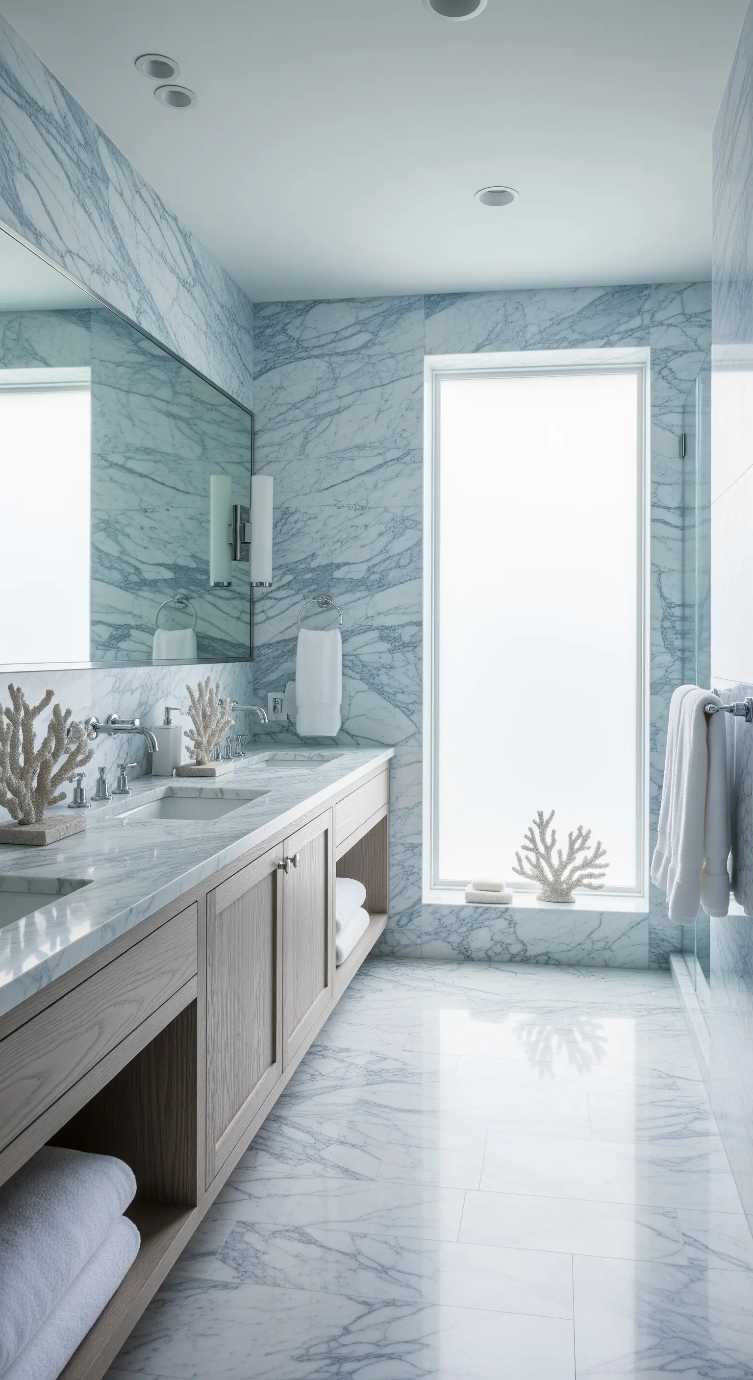 Helles Badezimmer im Küstenstil mit bläulichem Marmor und Korallen-Deko.