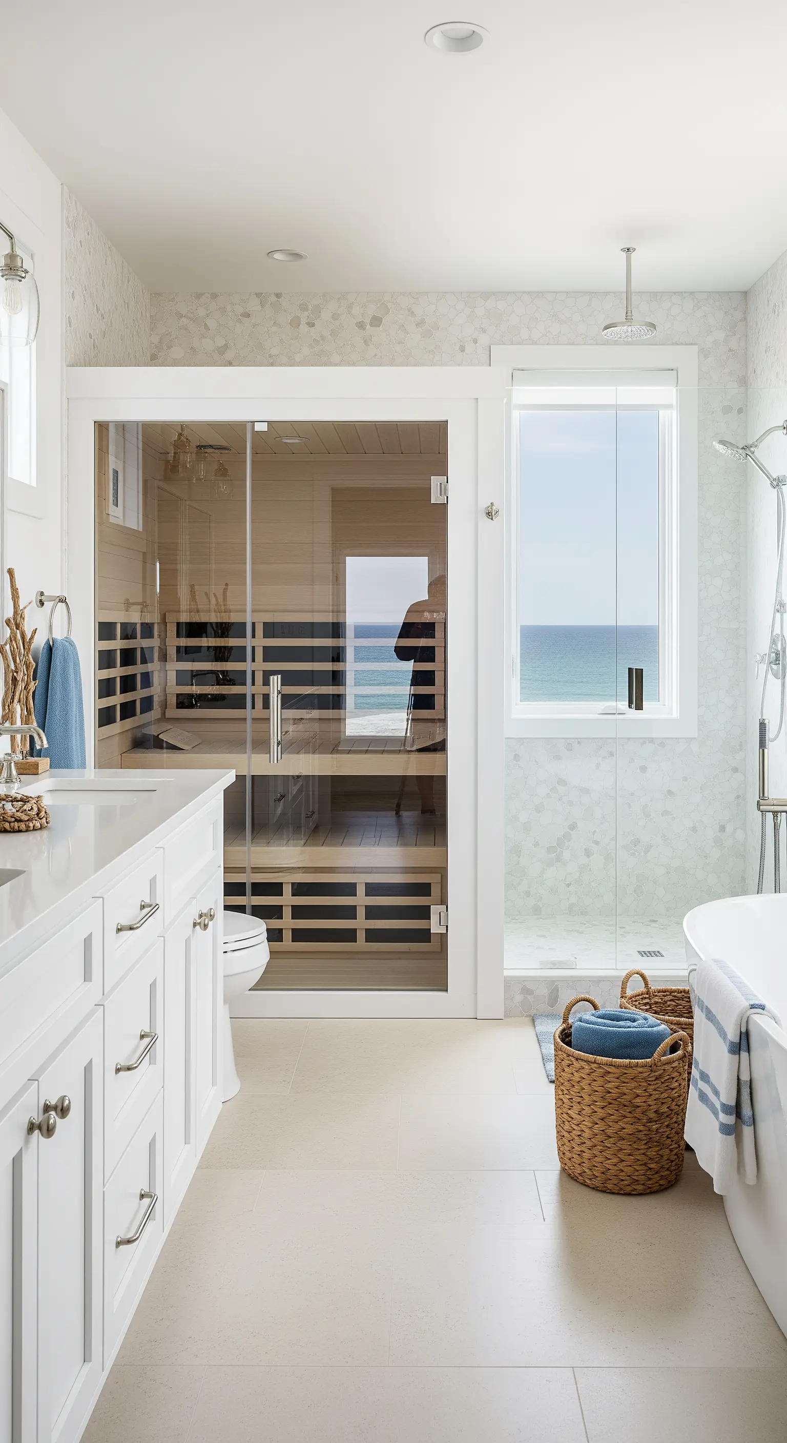 Helles Badezimmer im Küstenstil mit Sauna und Blick aufs Meer.