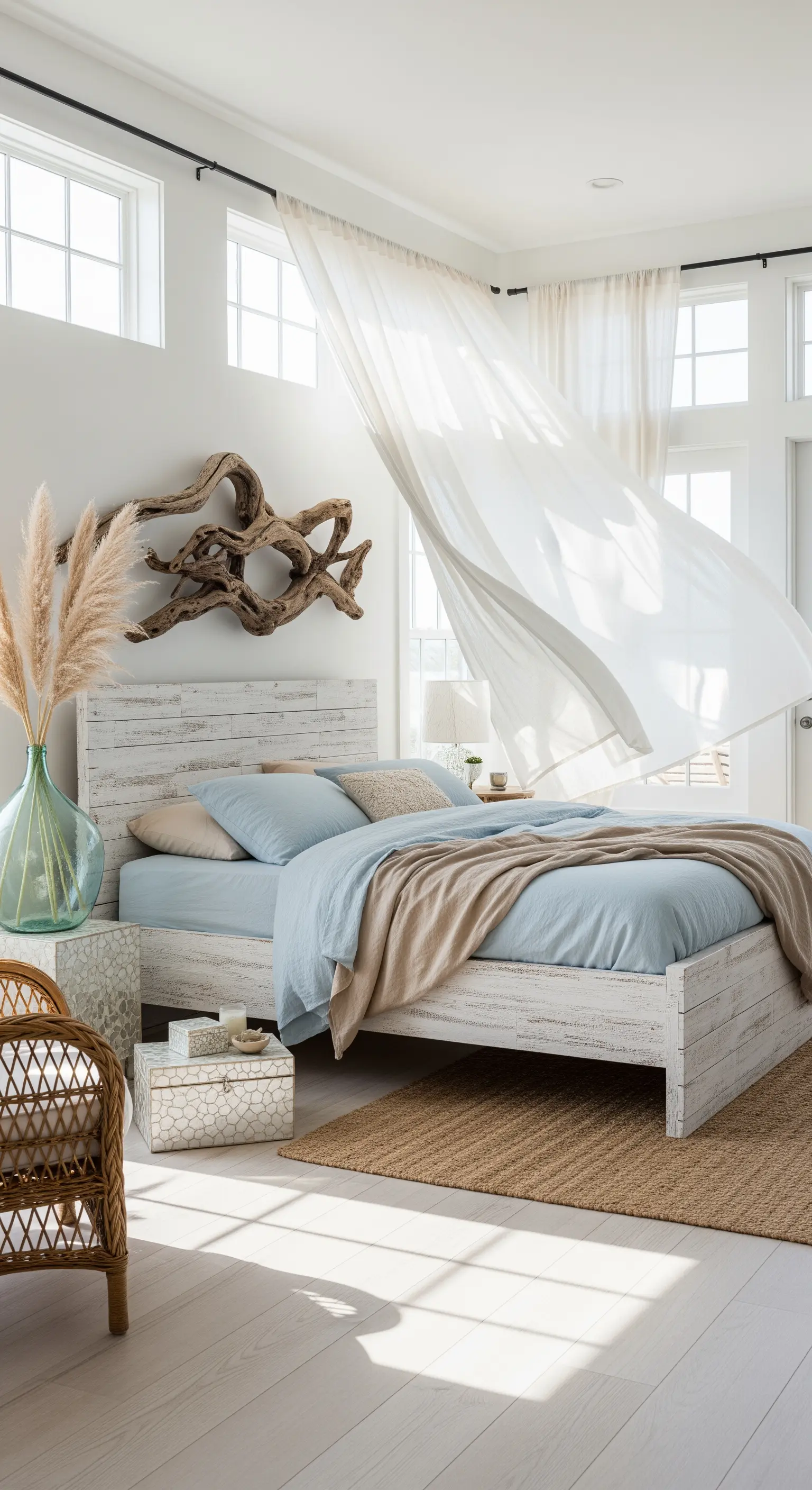 Helles, luftiges Schlafzimmer im Coastal-Boho-Stil mit Treibholz-Deko und wehenden Vorhängen
