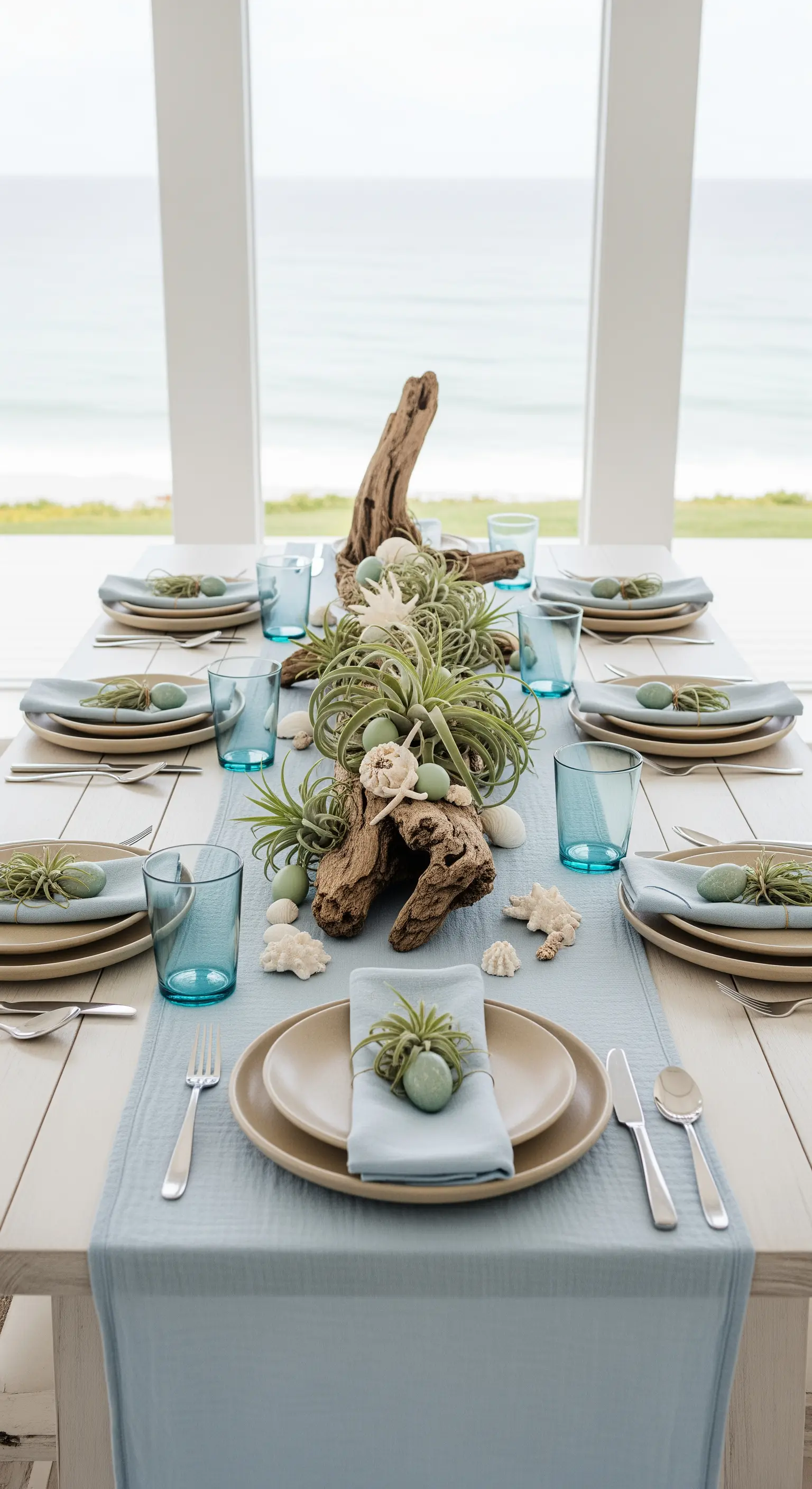 Maritime Ostertafel mit Treibholz, Luftpflanzen und hellblauen Akzenten.