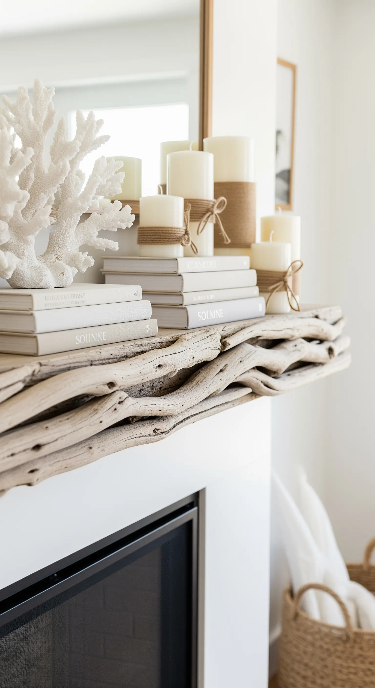 Maritime Kamin Deko mit Treibholz, Koralle, Büchern und mit Jute umwickelten Kerzen.