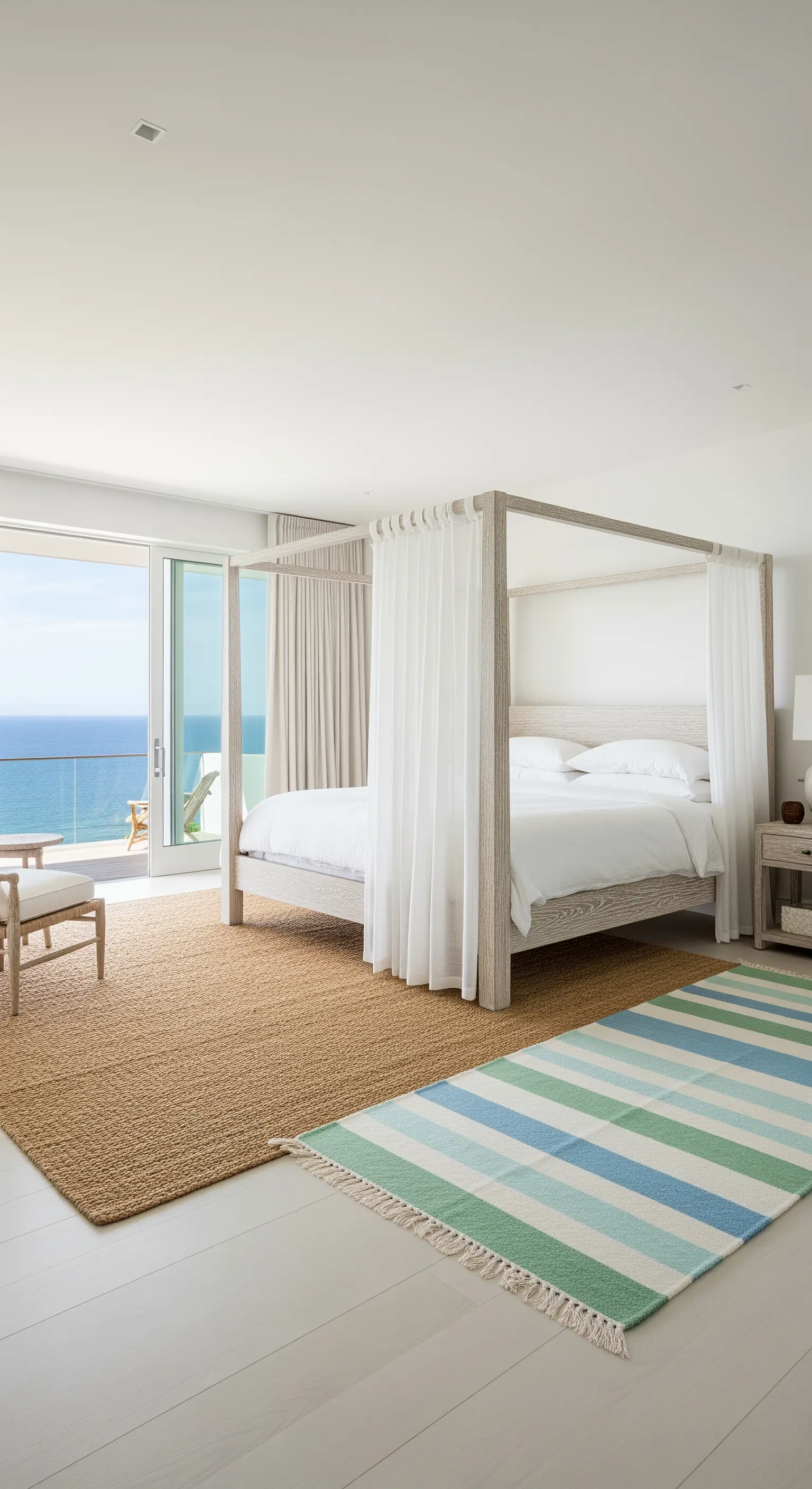 Helles Küsten-Schlafzimmer mit einem Jute-Teppich unter einem farbenfrohen Streifen-Läufer
