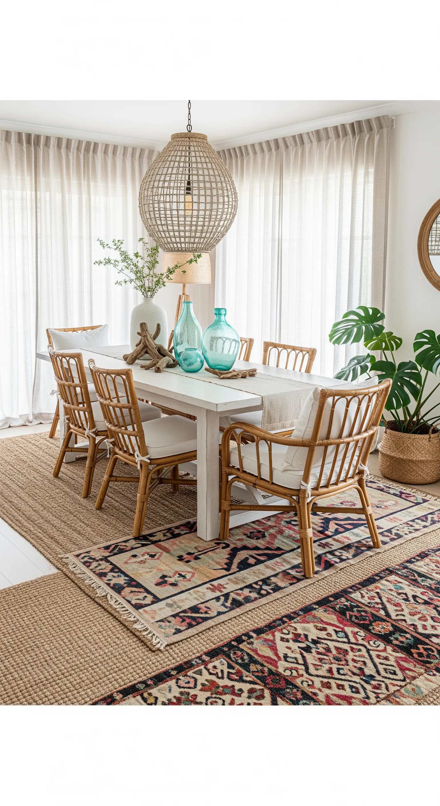 Heller Essbereich mit Rattan-Stühlen und einem geschichteten Teppich.