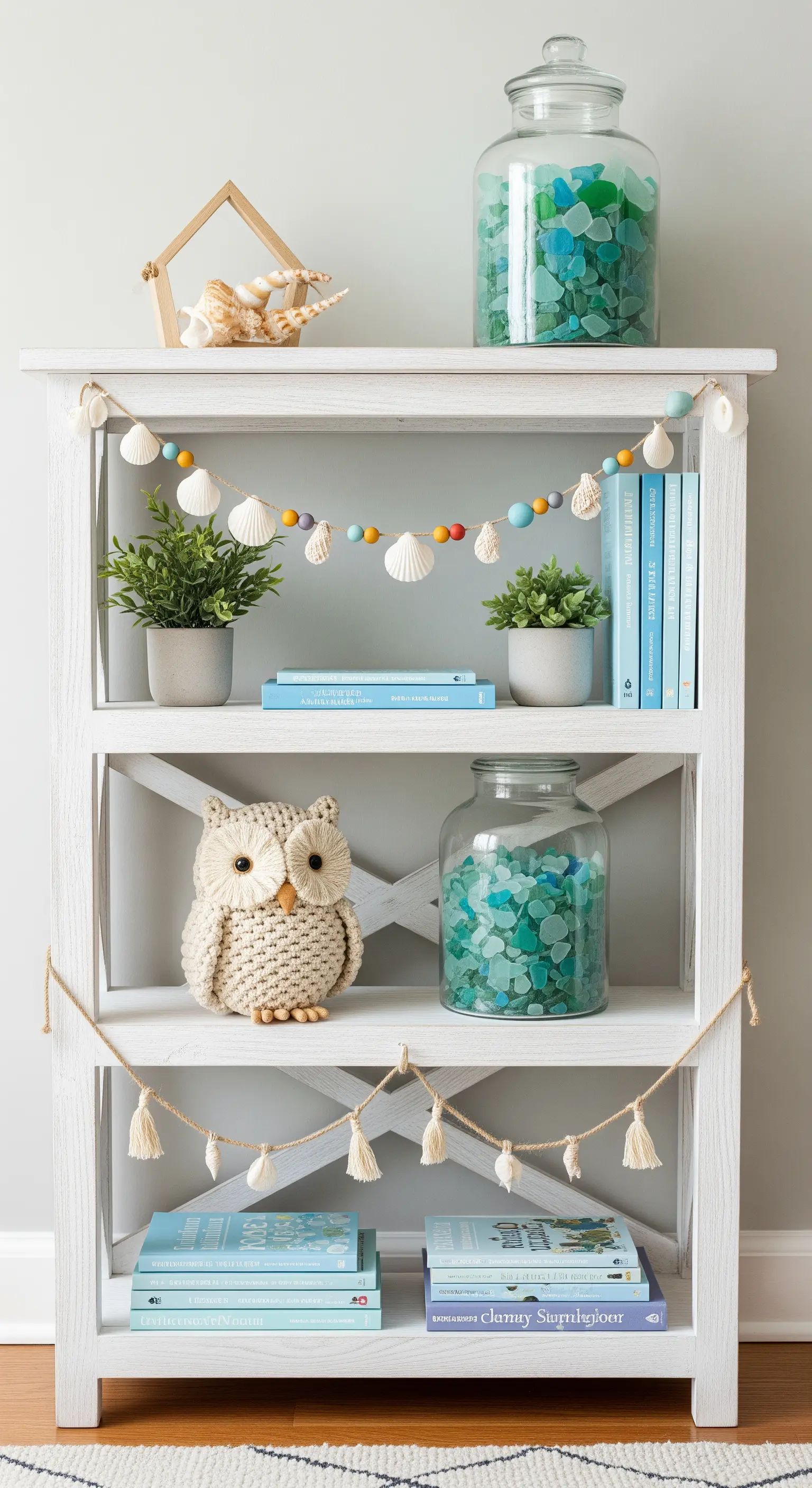 Weißes Regal mit Seeglas in Gläsern, blauen Büchern und einer bunten Muschelgirlande.