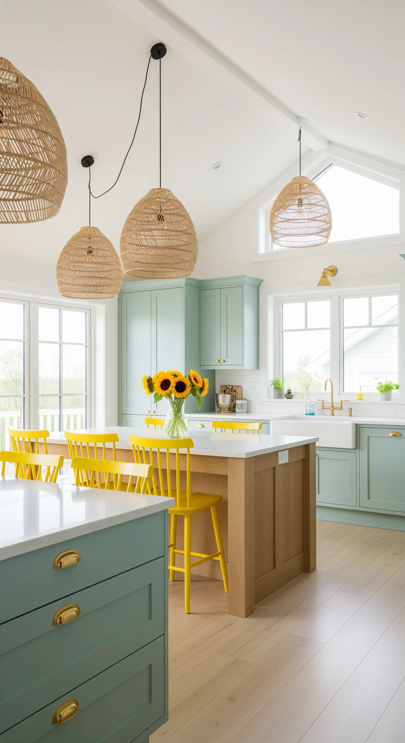 Mintgrüne Küche, Holztisch mit gelben Stühlen und Rattan-Hängeleuchten.