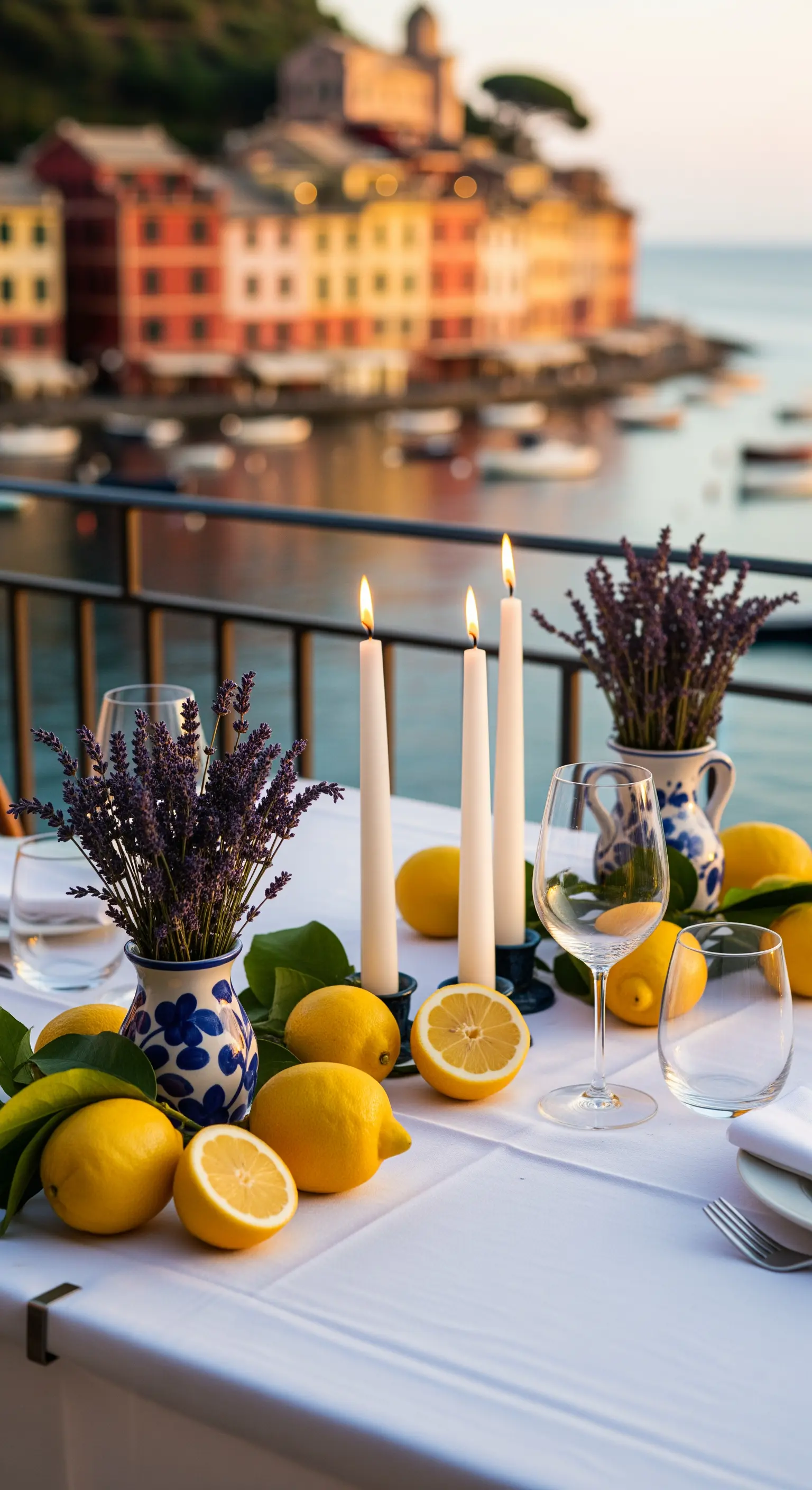 Tischdeko mit hohen Kerzen, blau gemusterten Lavendelvasen und Zitronen