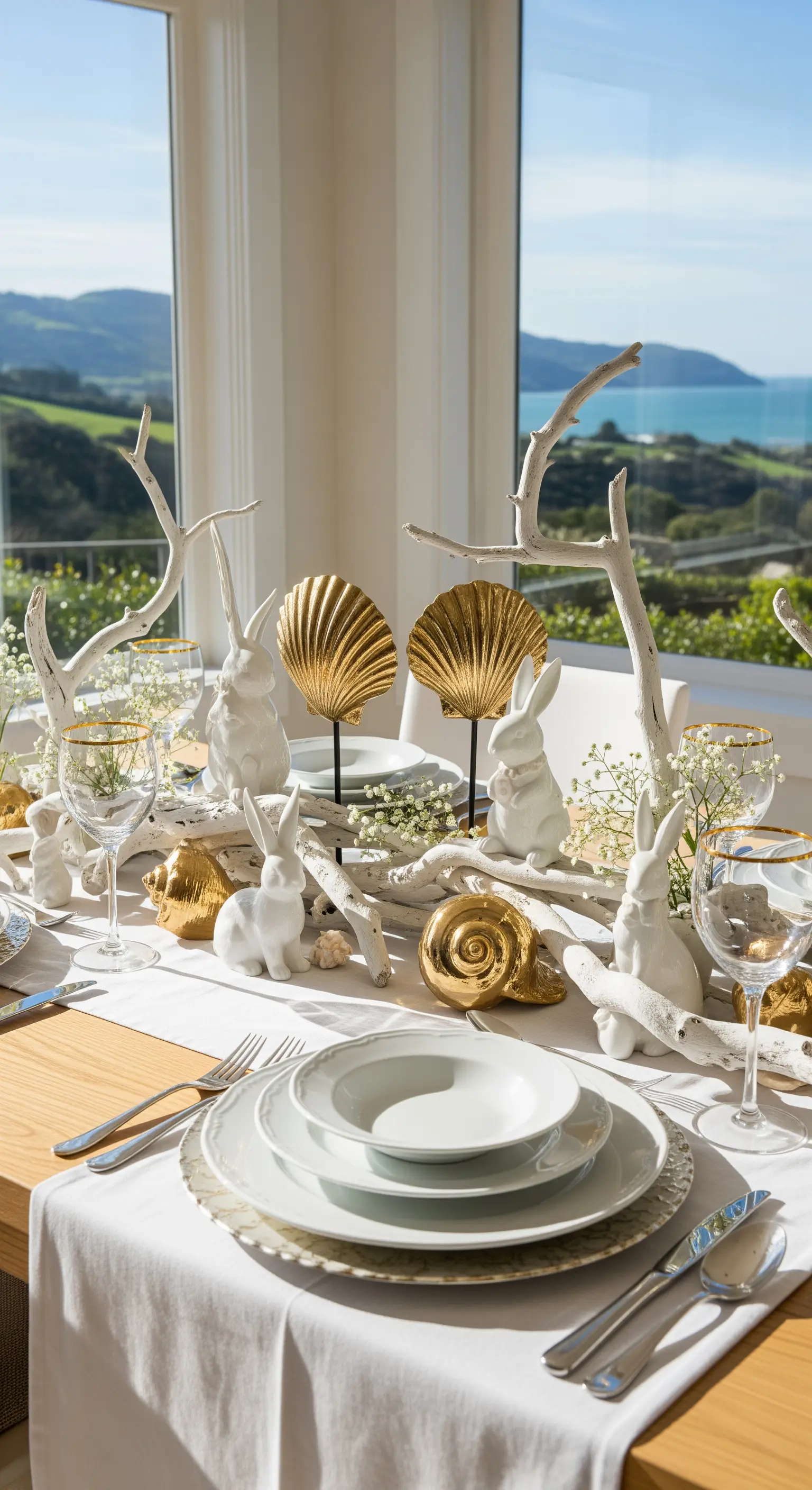 Oster-Tafel am Meer mit Treibholz, Hasen und goldenen Muscheln