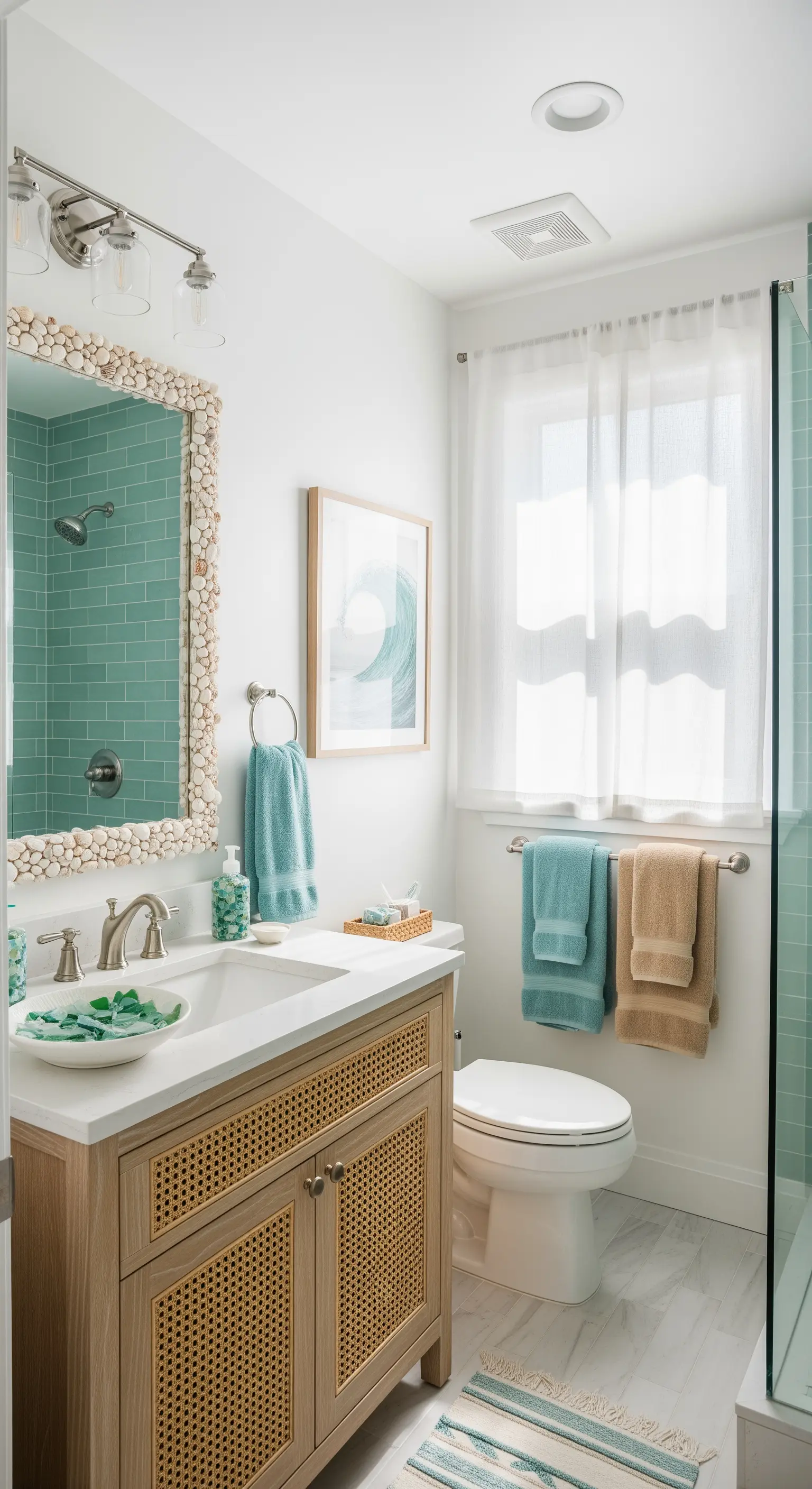 Badezimmer im Küsten-Look mit Muschelspiegel und Waschtisch aus Wiener Geflecht.