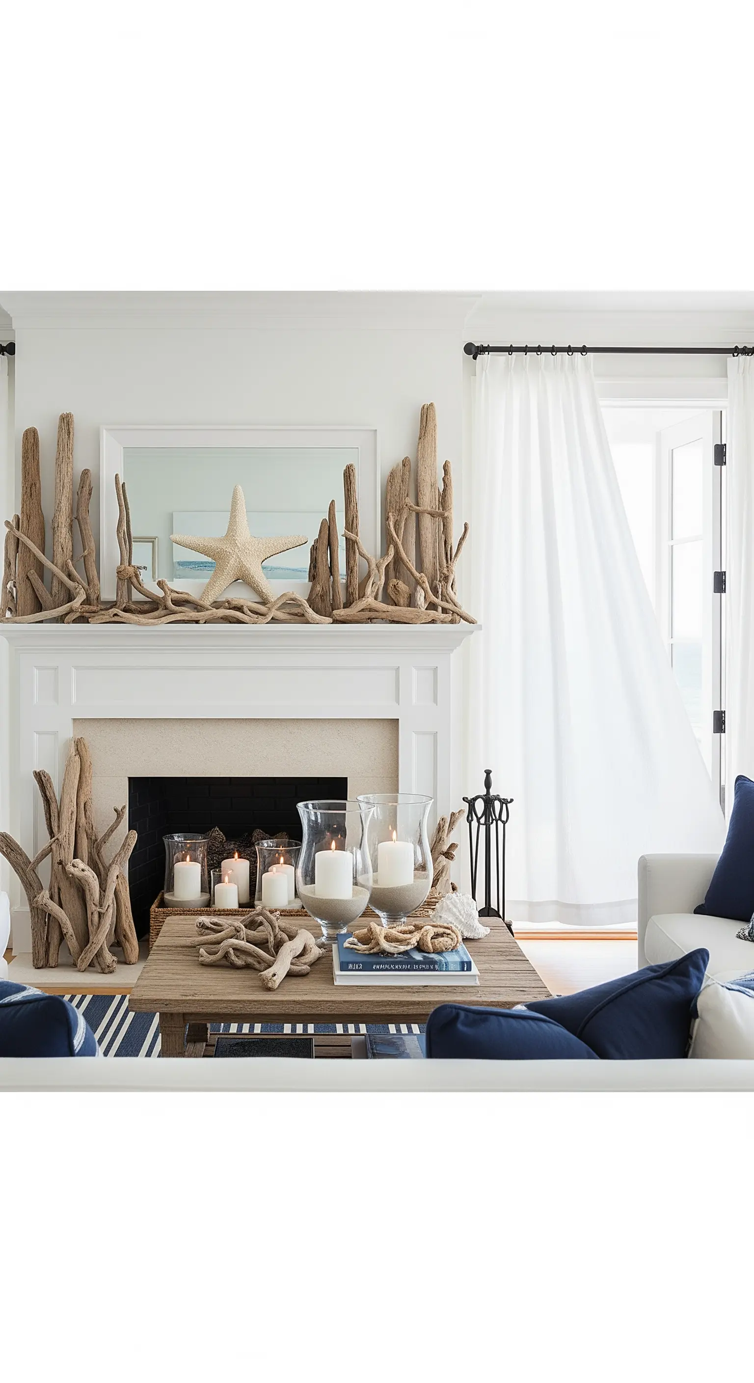 Kaminsims mit Treibholz, Seestern und Kerzen für maritimes Ambiente