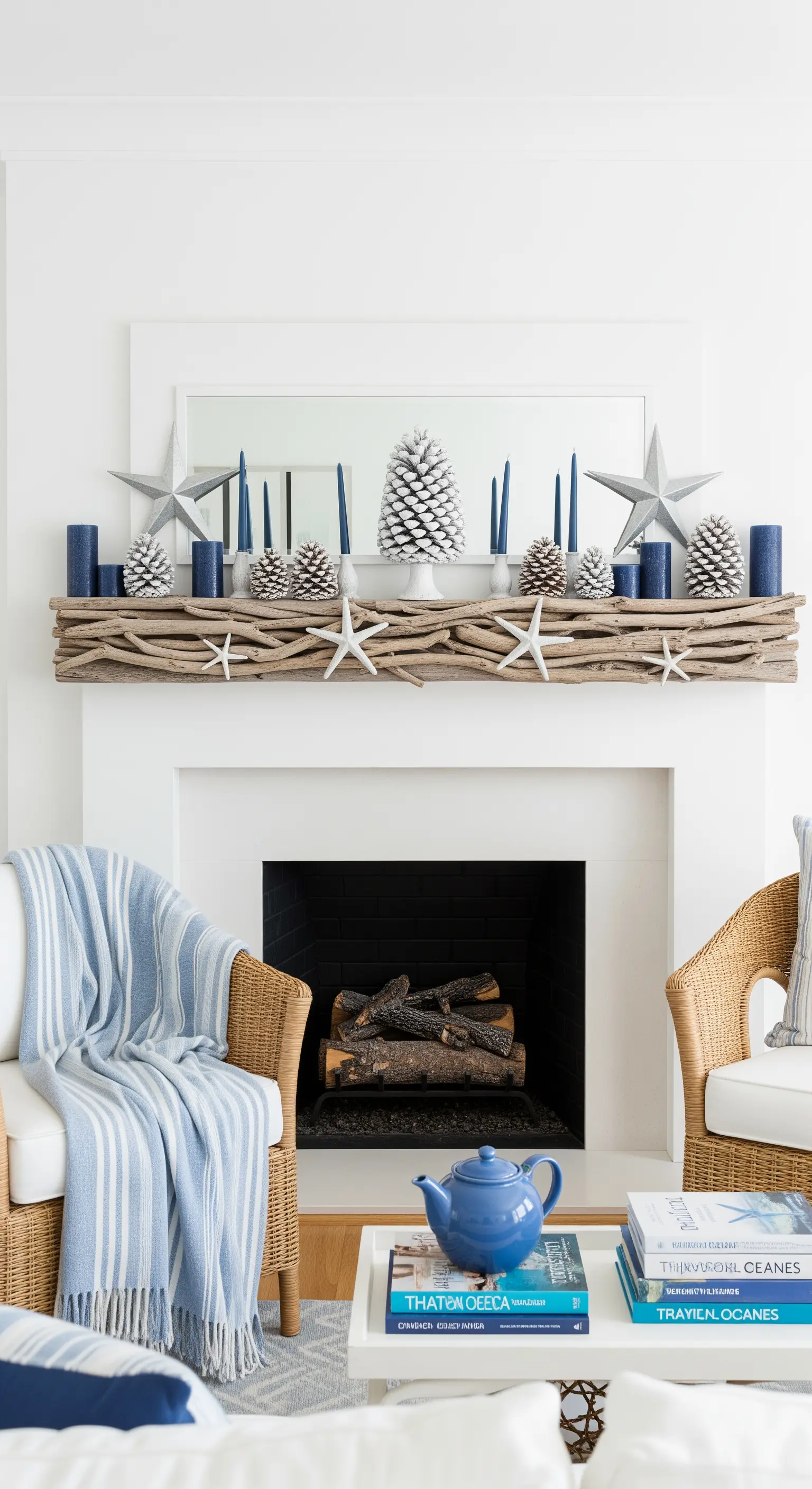 Weißer Kamin mit Treibholzgirlande, blauen Kerzen, silbernen Sternen, winterliches Küstenthema.