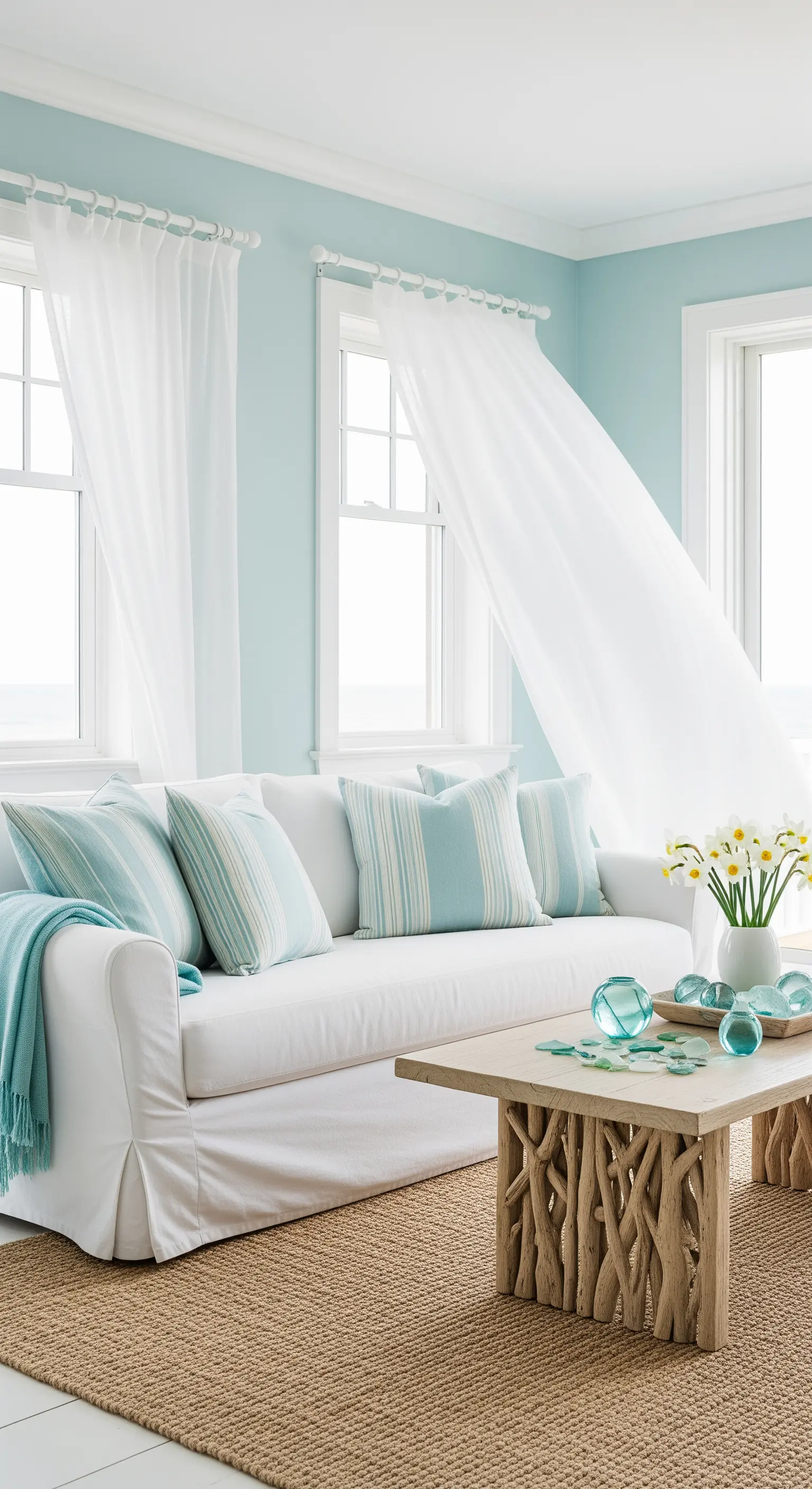 Helles Küsten-Wohnzimmer in Himmelblau und Weiß mit luftigen Vorhängen.