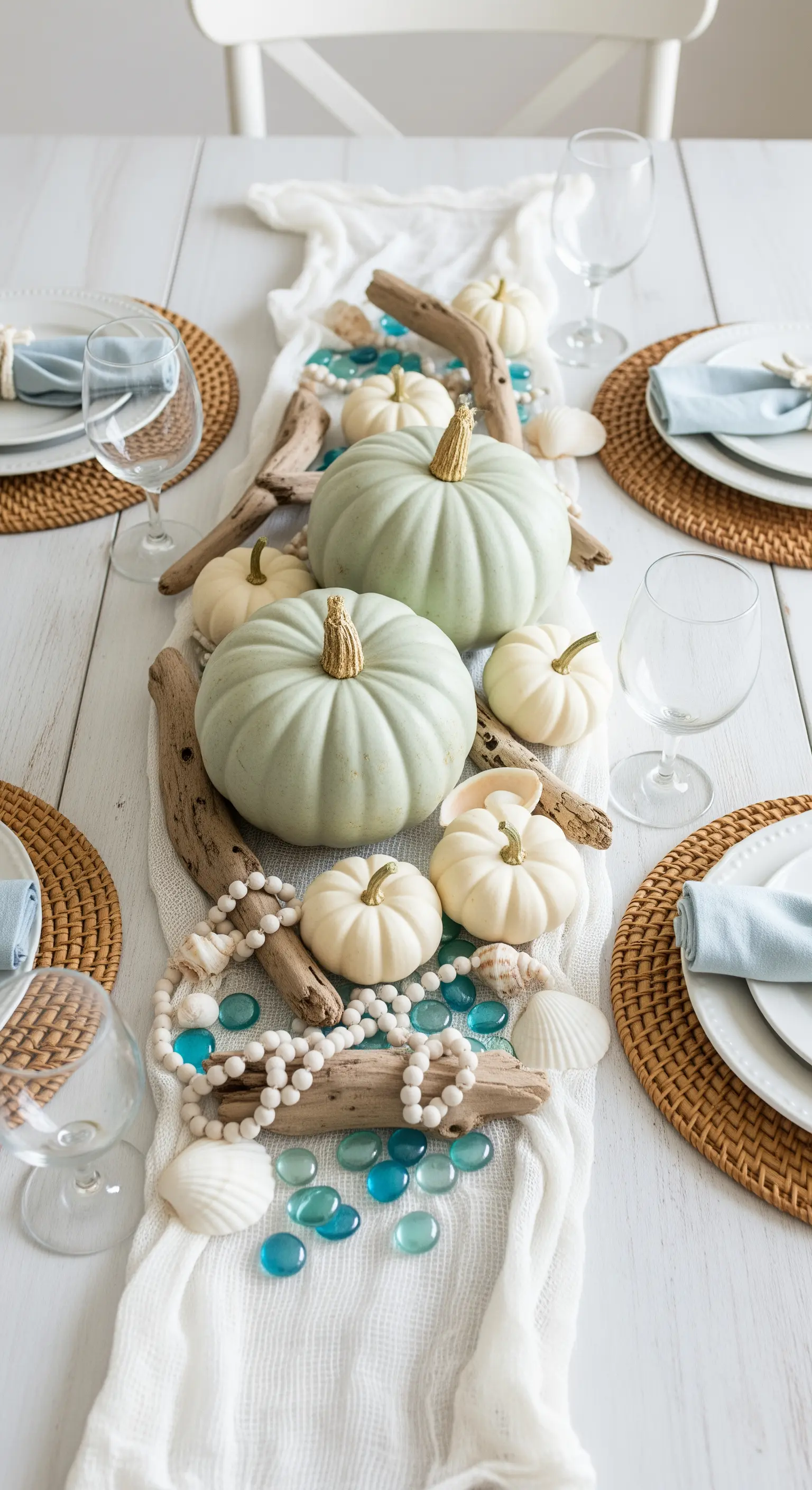 Küsten-Herbstdeko mit blassgrünen Kürbissen, Treibholz und Muscheln auf weißem Tisch.