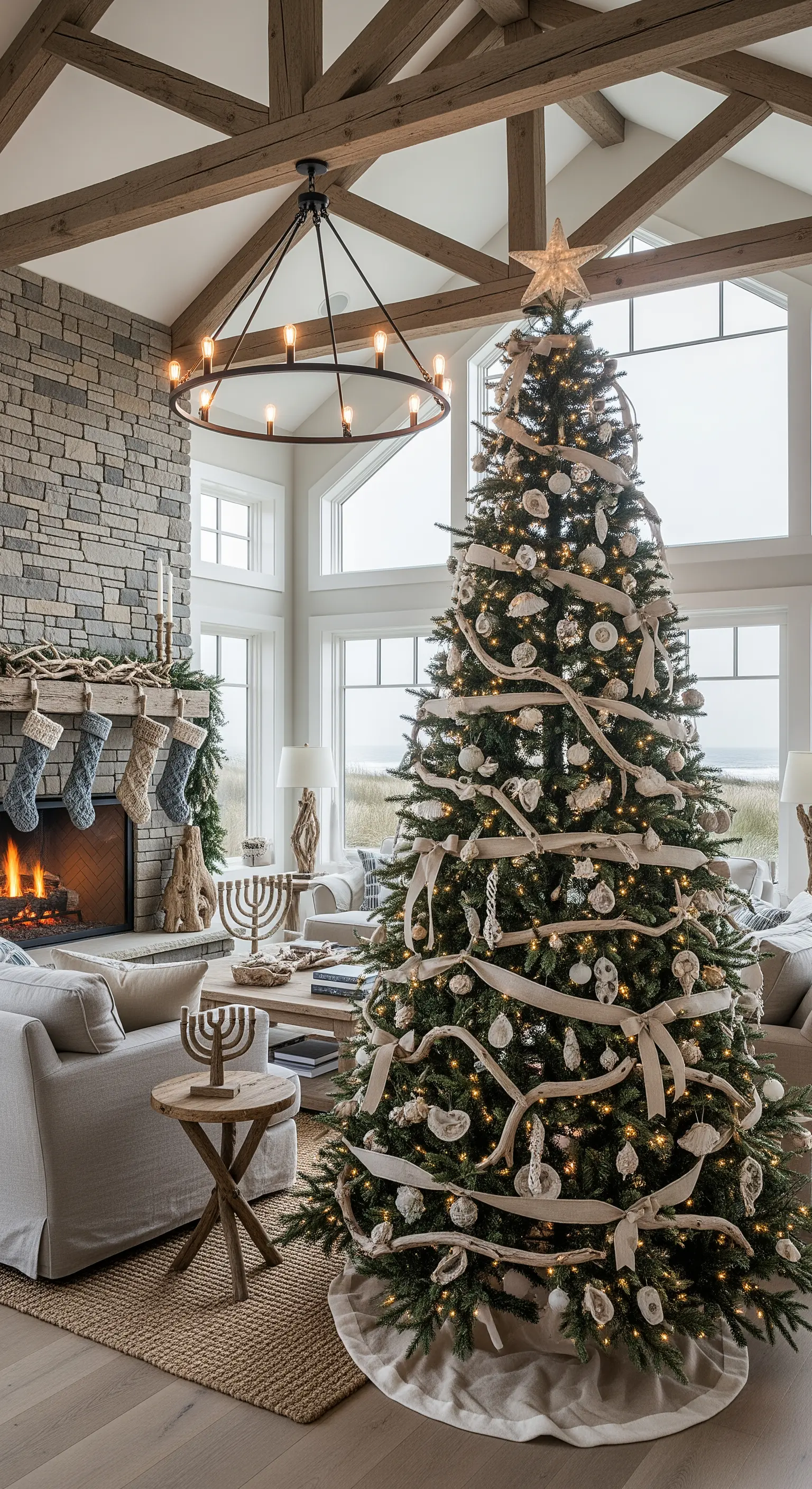 Weihnachtsbaum mit Muscheln, Korallen, Treibholz, cremefarbenem Band und heller Baumdecke.