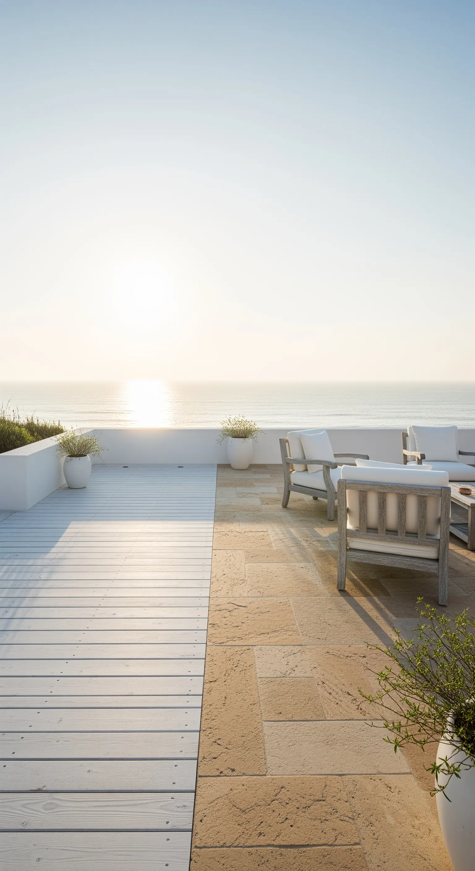 Japandi-Terrasse am Meer mit weißen Holzplanken, Steinplatten und Loungemöbeln.