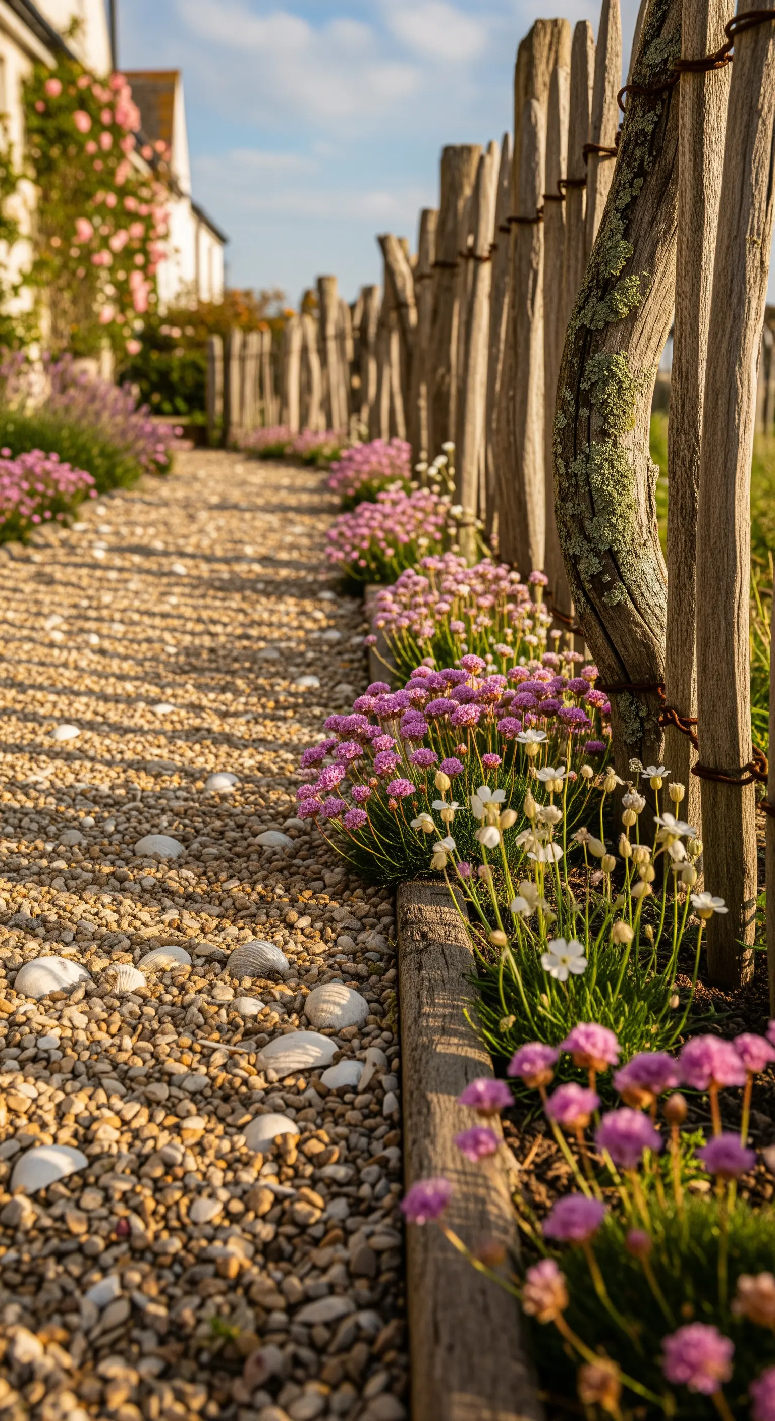 Kiesweg mit Muscheln, Strandnelken und verwittertem Holzzaun