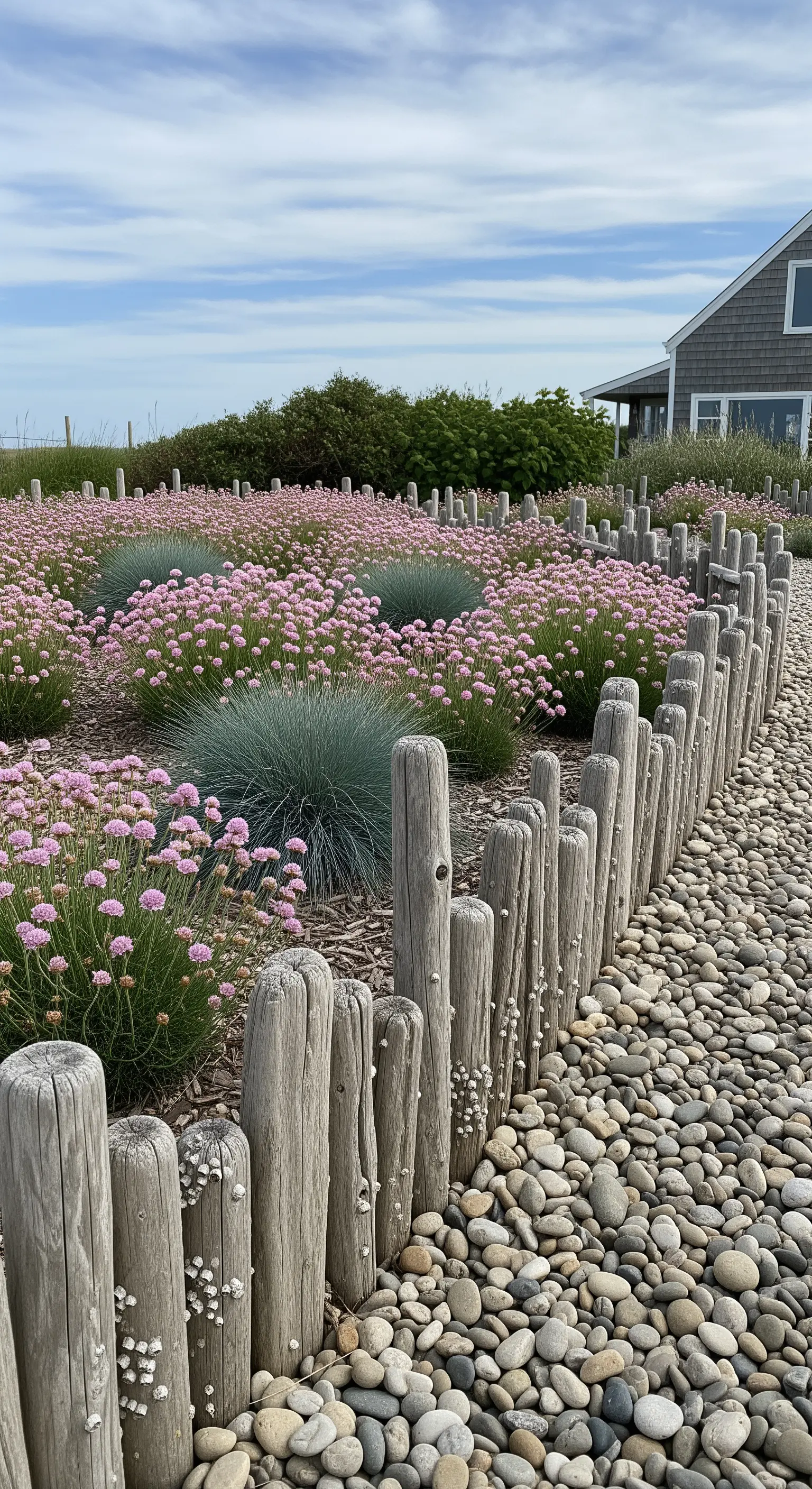 Verwitterte Treibholzpfähle mit Kieselsteinen, rosa Strand-Nelken und Bärenfell-Schwingel