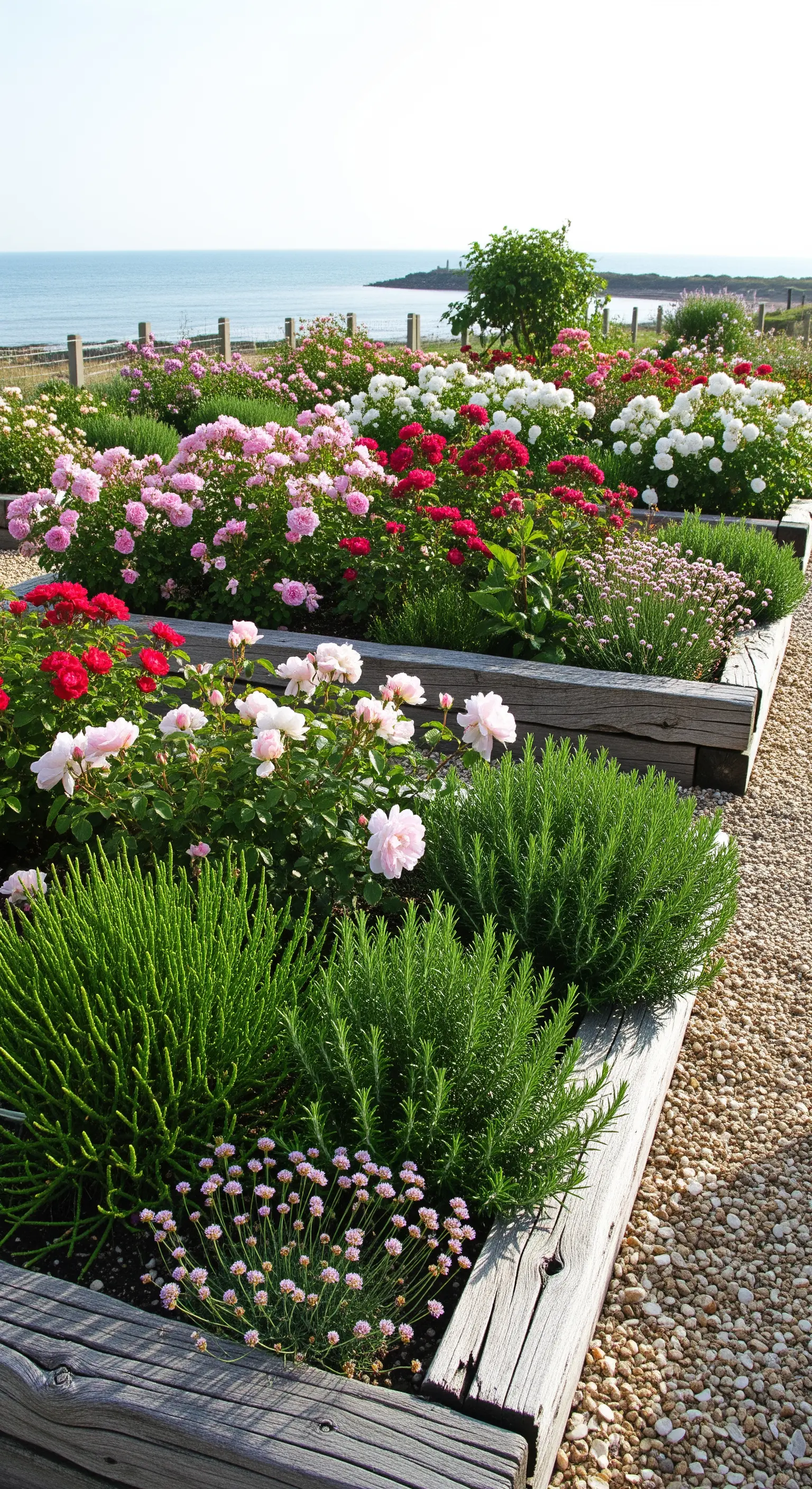 Altholz-Hochbeet, Küstenlandschaft, bunte Rosen, Strand-Grasnelken.