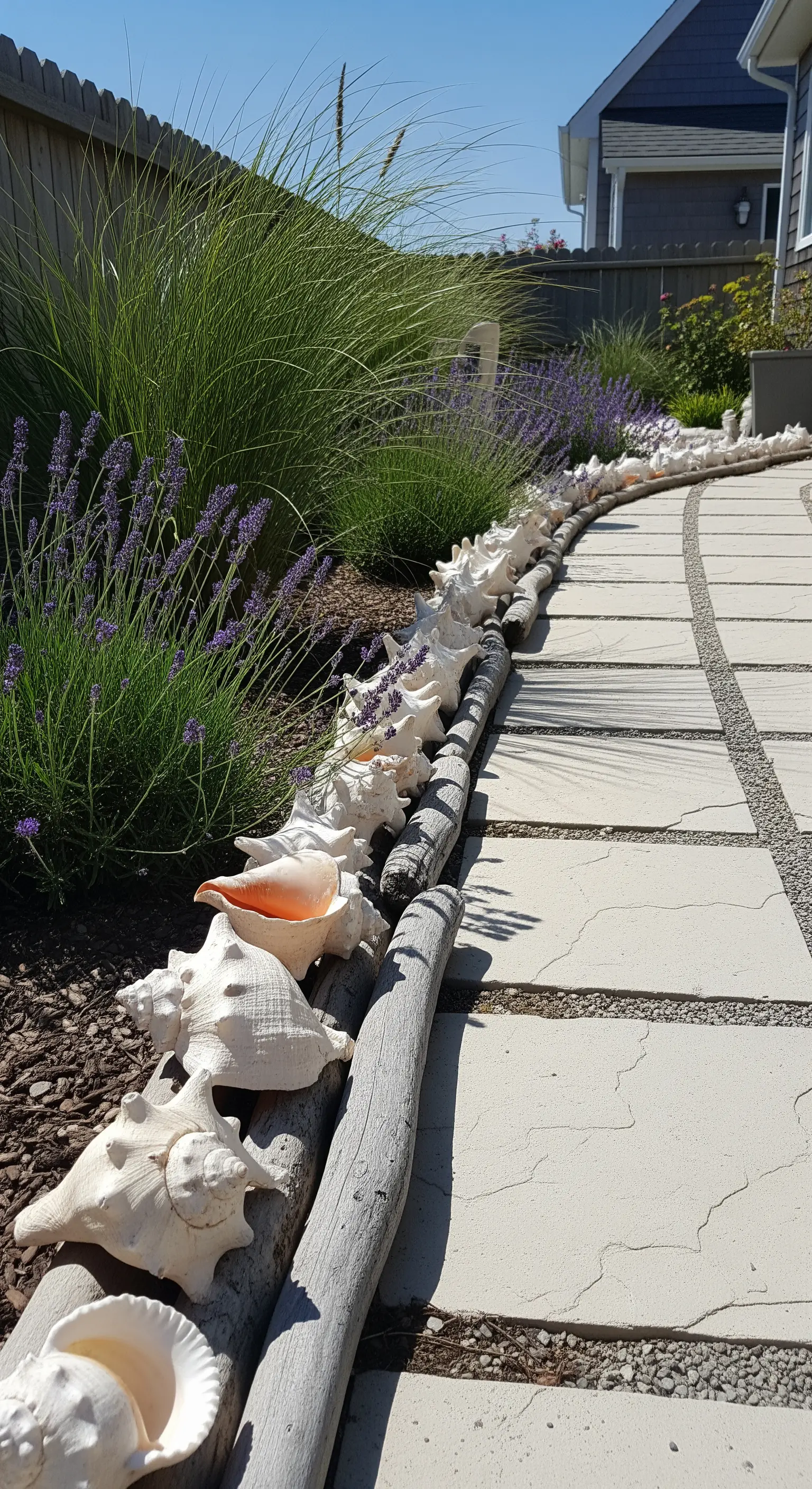 Gartenweg mit Muscheln, Treibholz, Lavendel und Gräsern als Begrenzung