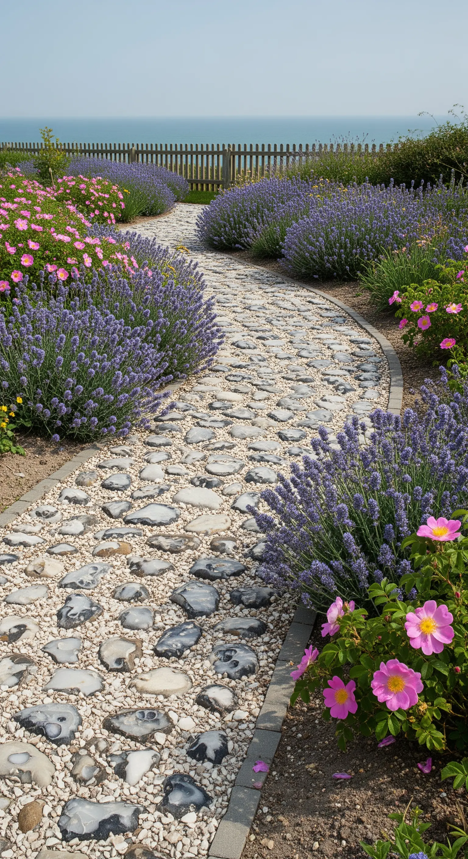 Kieselsteinpfad mit Lavendel und pinken Wildrosen am Meer