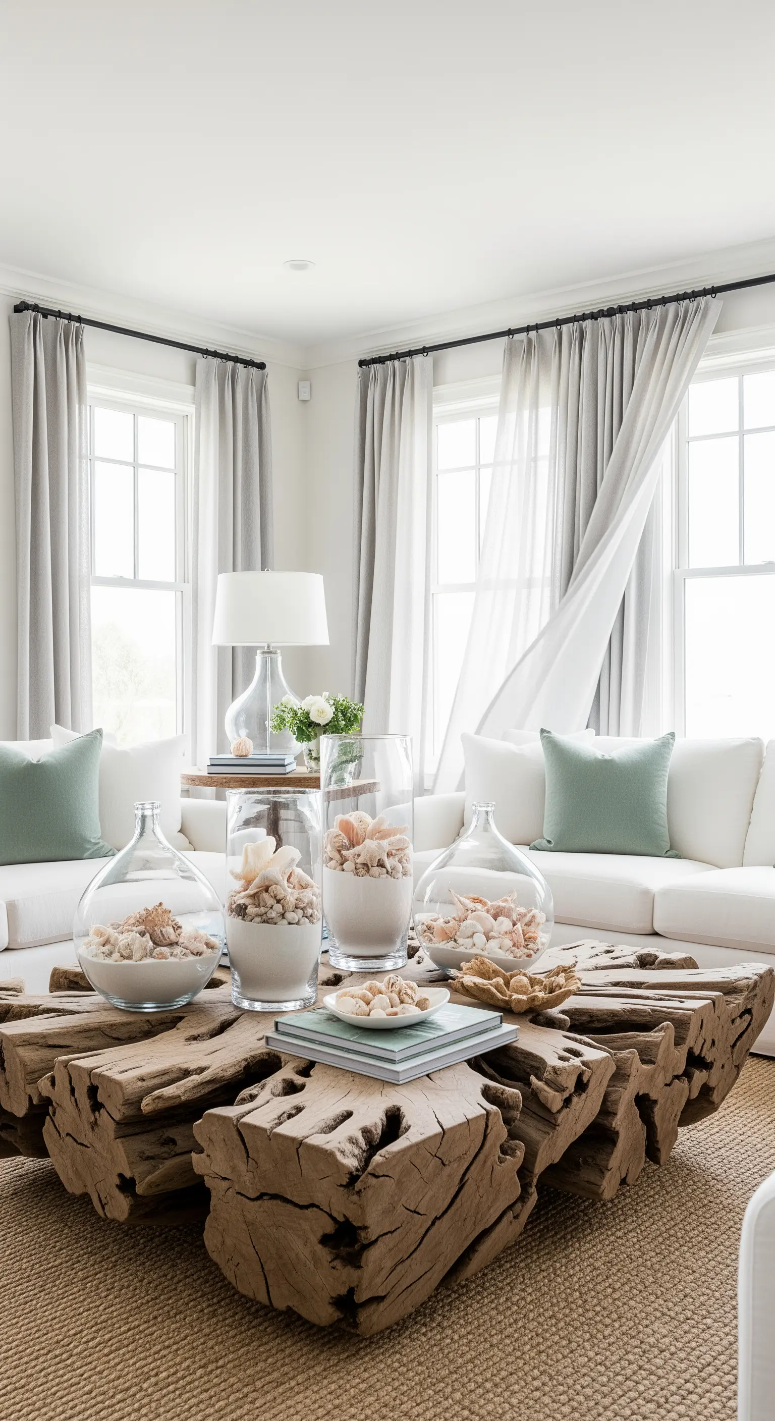 Skulpturaler Treibholz-Couchtisch mit Muschelvasen im Coastal Chic Wohnzimmer