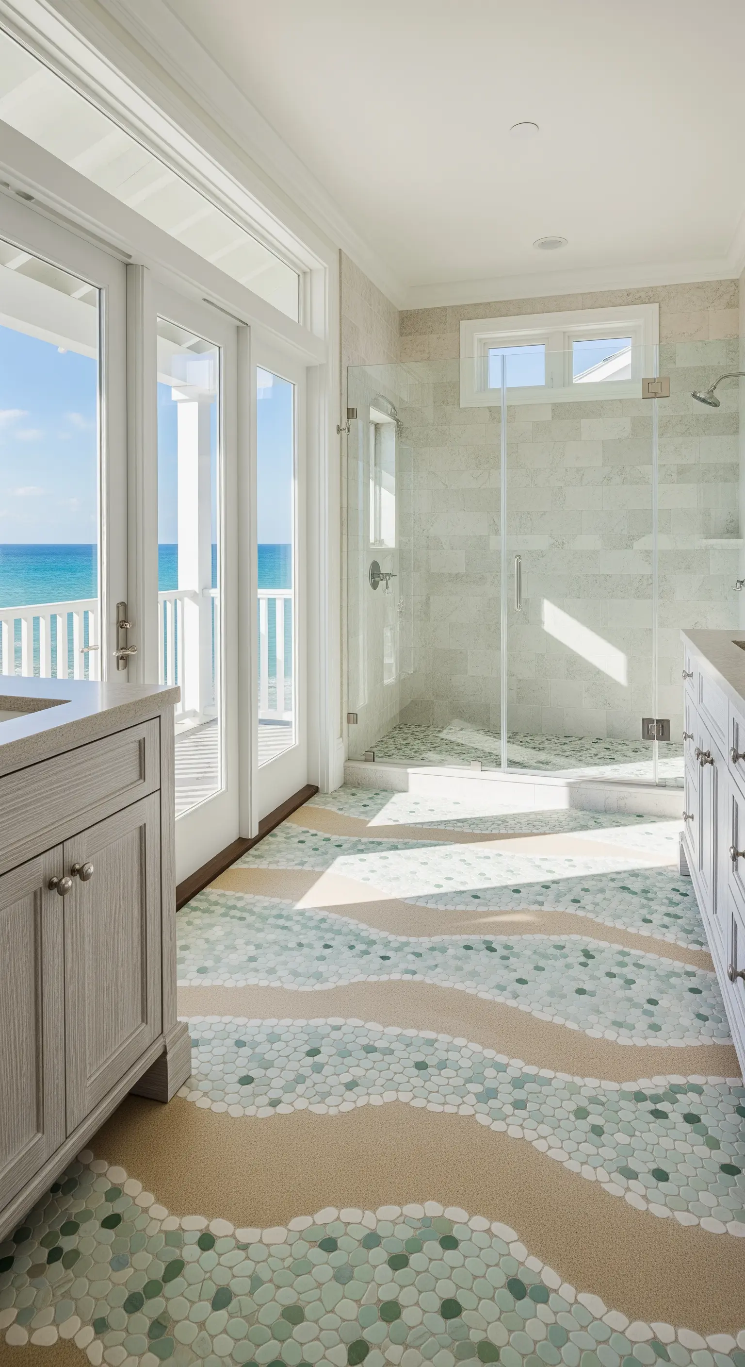 Badezimmer mit Kieselstein-Fliesen, die ein Wellenmuster am Boden formen.