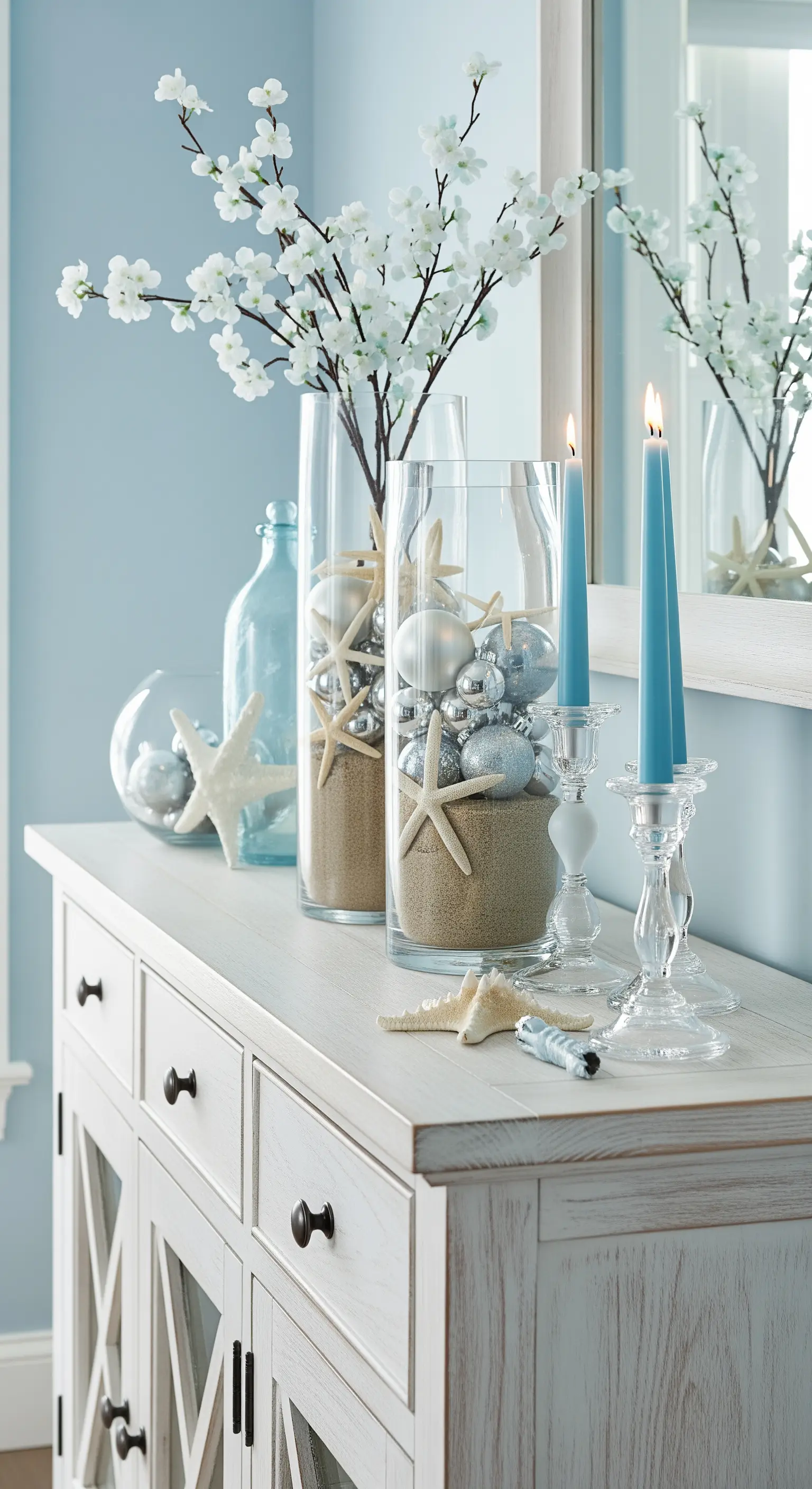 Maritime Weihnachtsdeko mit Sand, Muscheln und blauen Kerzen.