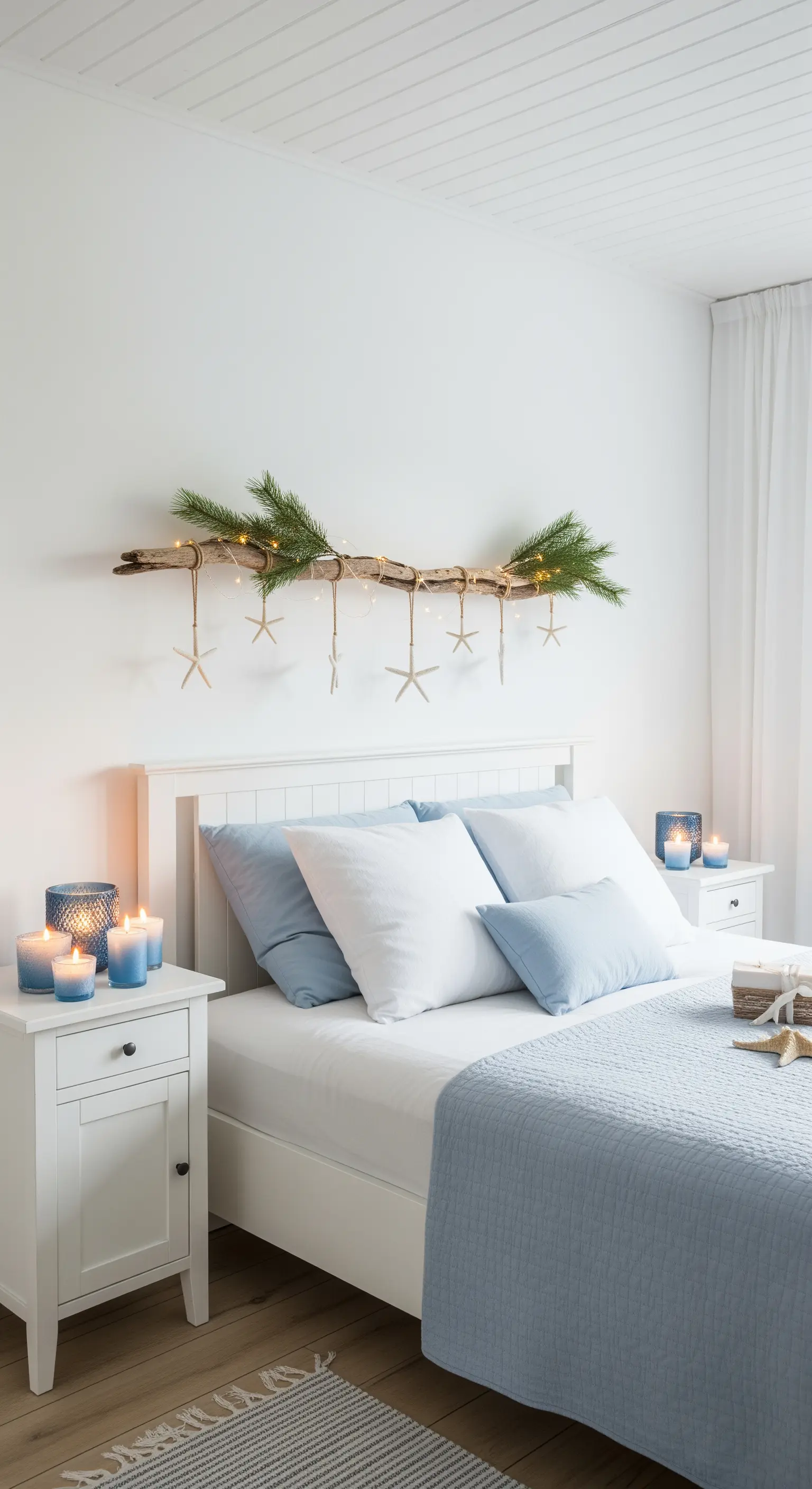 Treibholz-Ast über dem Bett mit Seesternen und Tannenzweigen im Küstenstil.