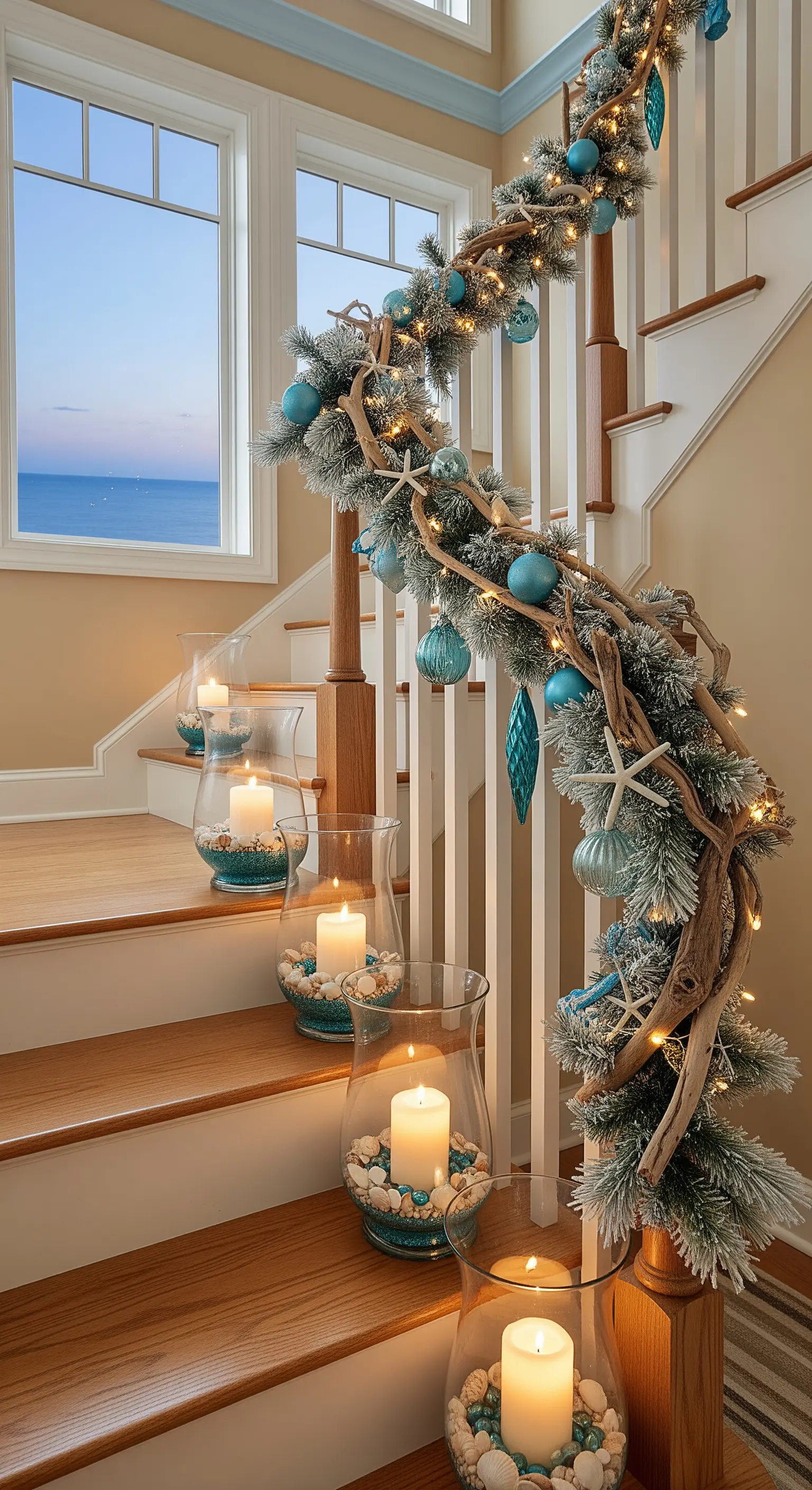 Maritime Treppengirlande mit Treibholz, Türkis-Kugeln, Seesternen und Muschel-Laternen.