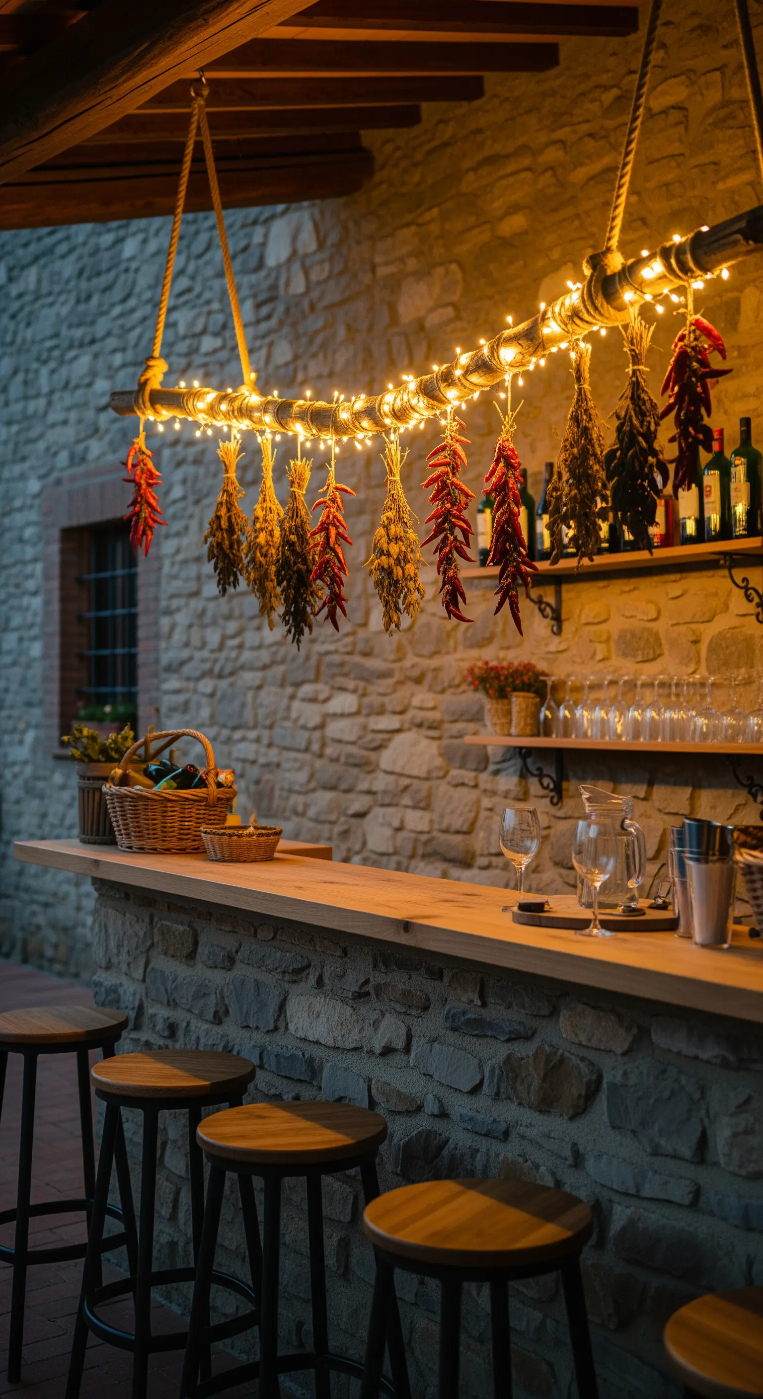 Rustikale Outdoor-Bar mit einer Hängeleuchte aus einem Ast, Lichterketten und getrockneten Kräutern.