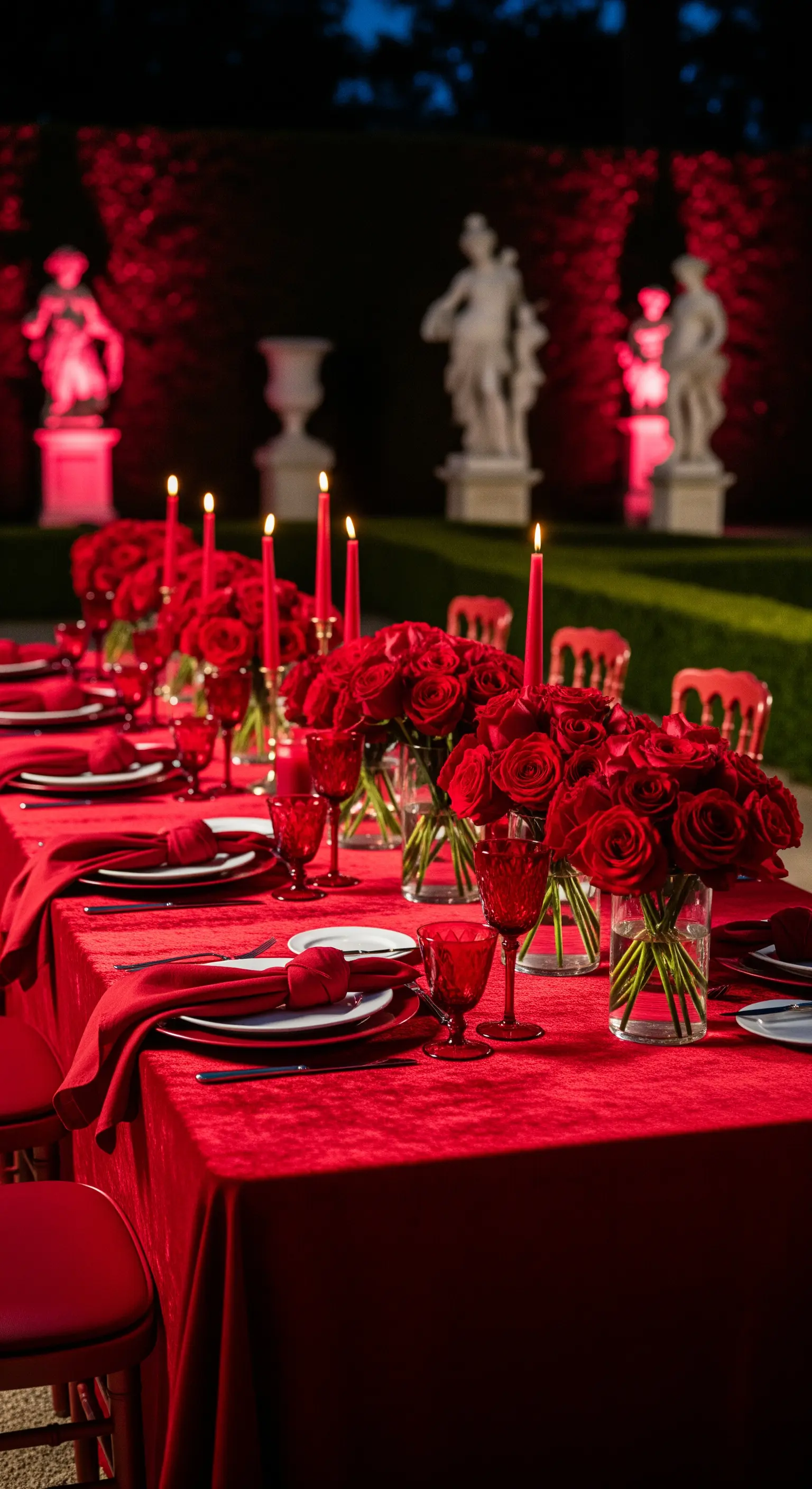 Dramatische monochrome Tischdeko in intensivem Rot mit Rosen und Kerzen.