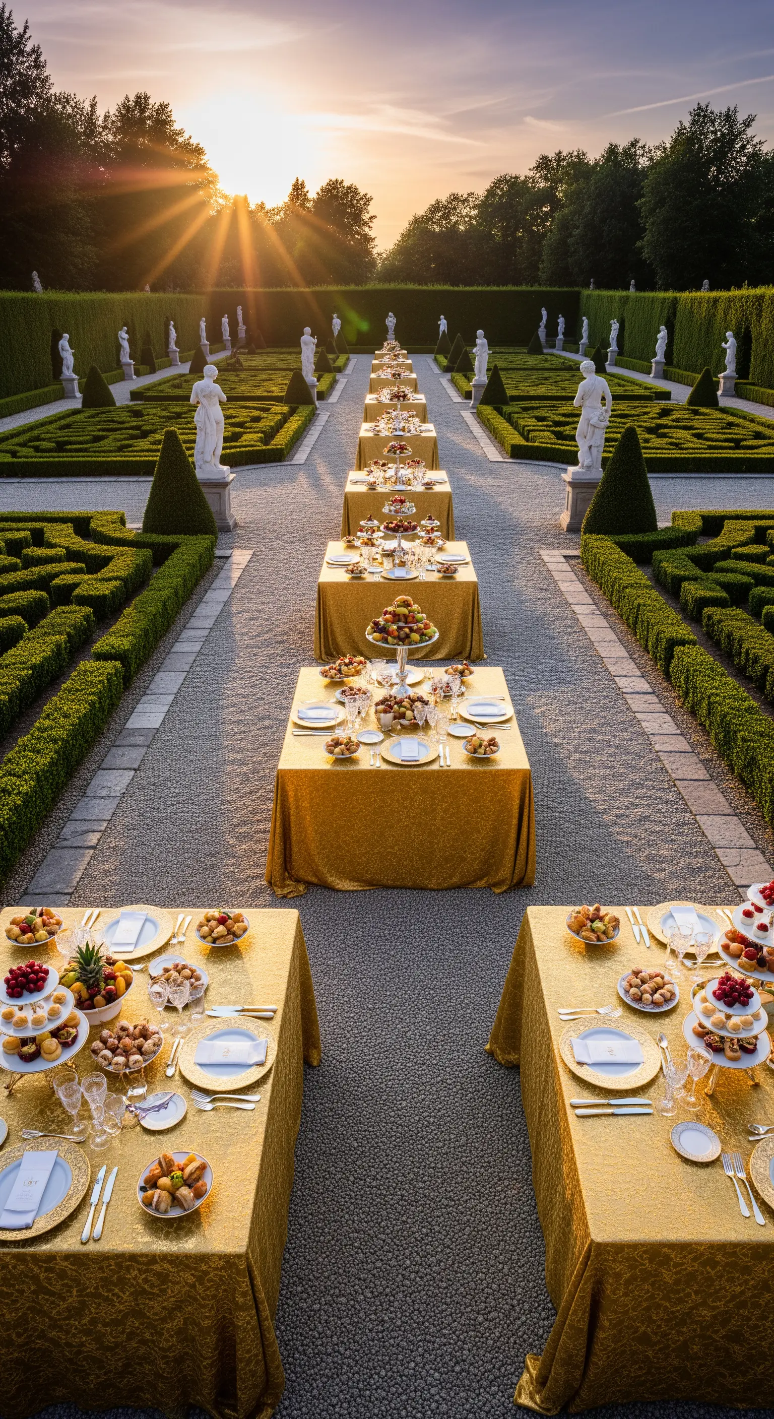 Reihen von goldenen Tischen in Barockgarten mit Statuen, üppigen Frucht-Buffets