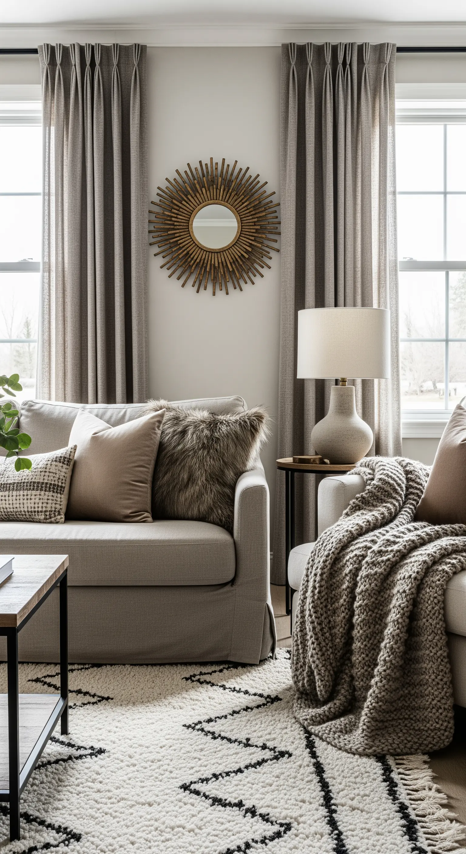 Gemütliches Wohnzimmer mit vielen Kissen, Decken und einem strukturierten Teppich.